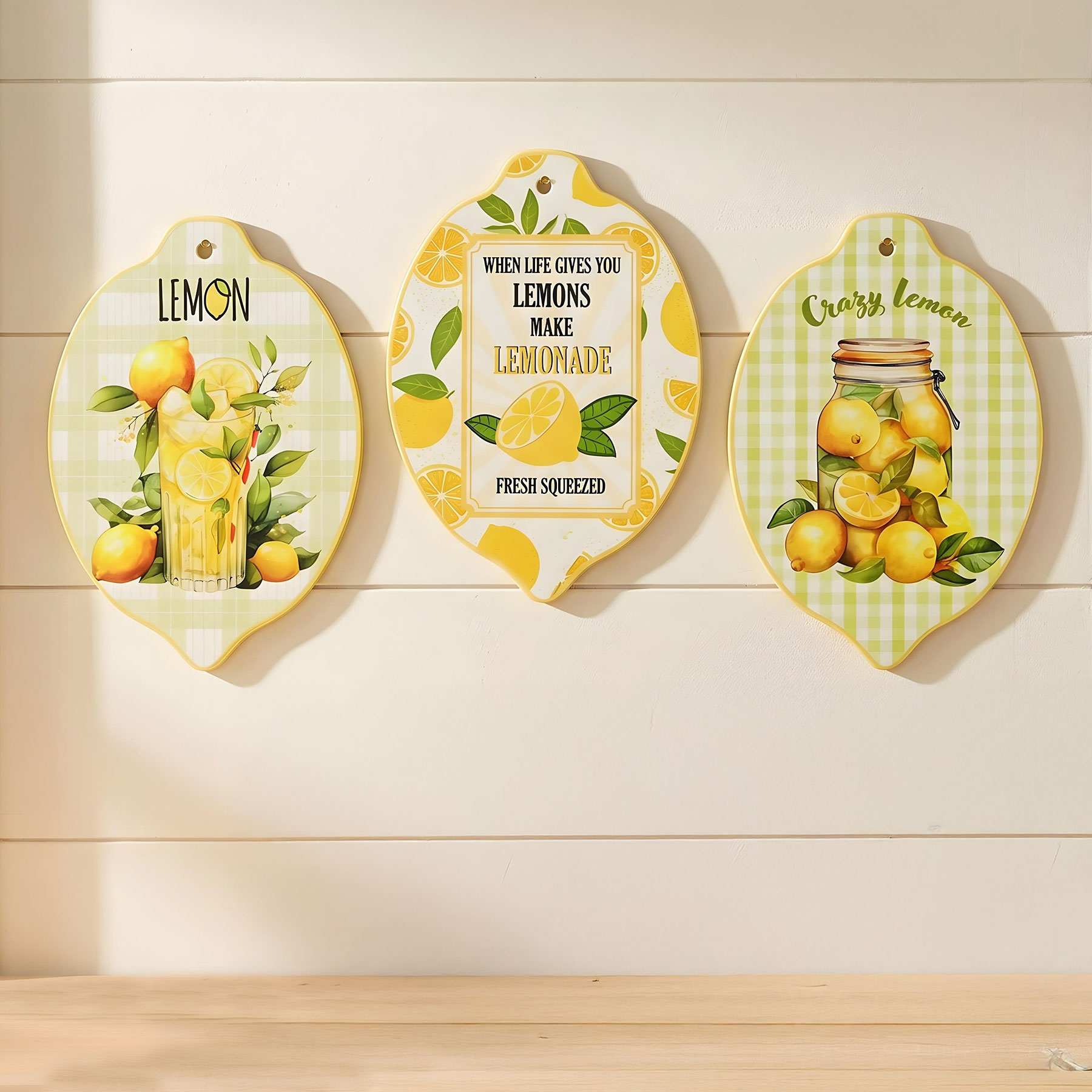 3er Set Zitronen Bilder 15x21cm Gelb Porzellan Glanz Mediterrane Wanddeko Küche