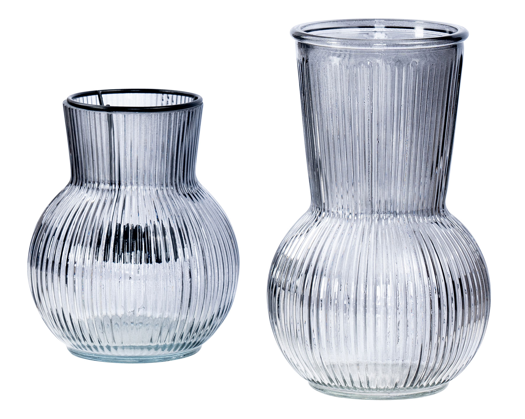 2er Set Tischdeko Vase Windlicht Grau Glas Rund Teelichthalter Retro Rillen Deko