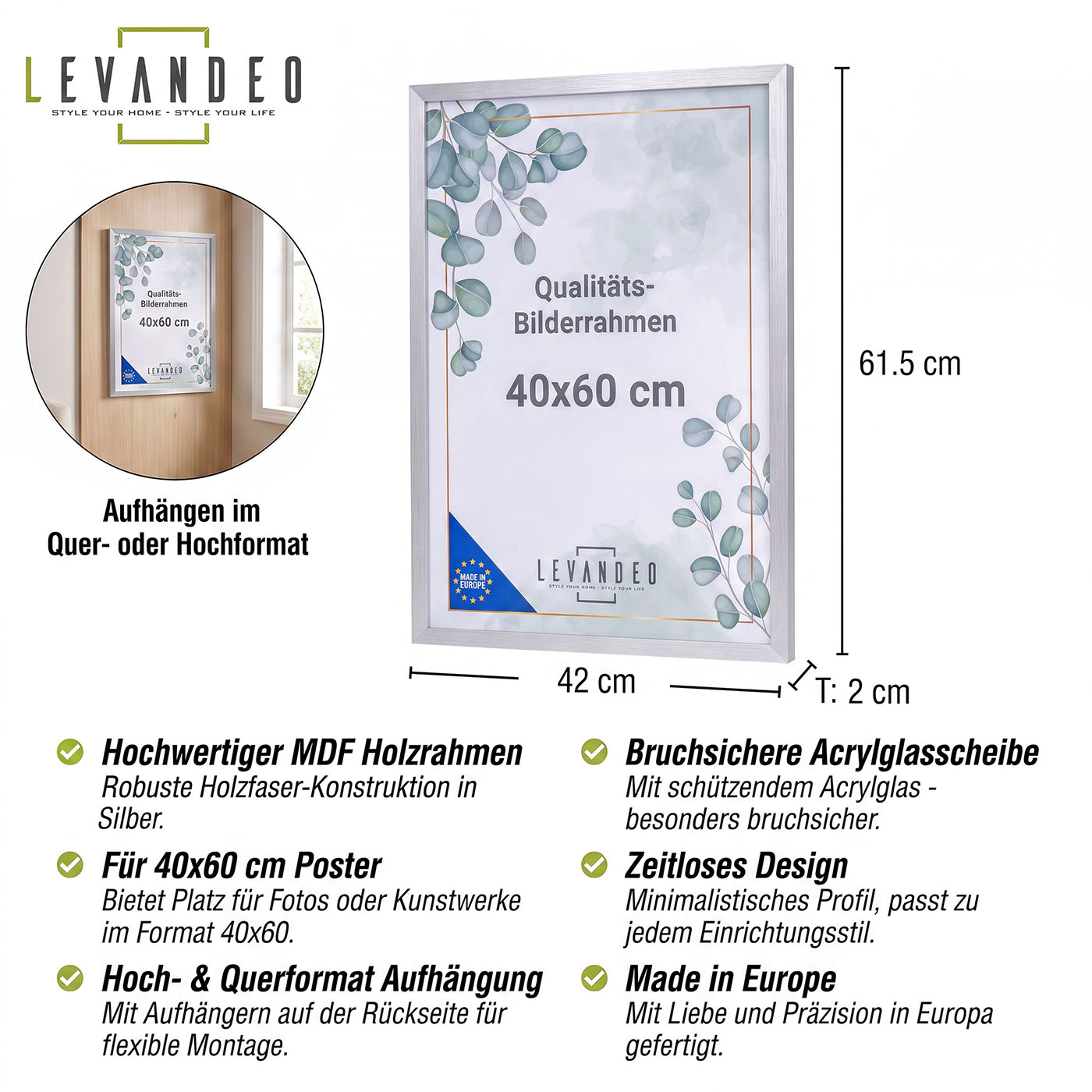 Fotorahmen 40x60 Silber MDF Holz Bilderrahmen Posterrahmen Poster Kunstdrucke