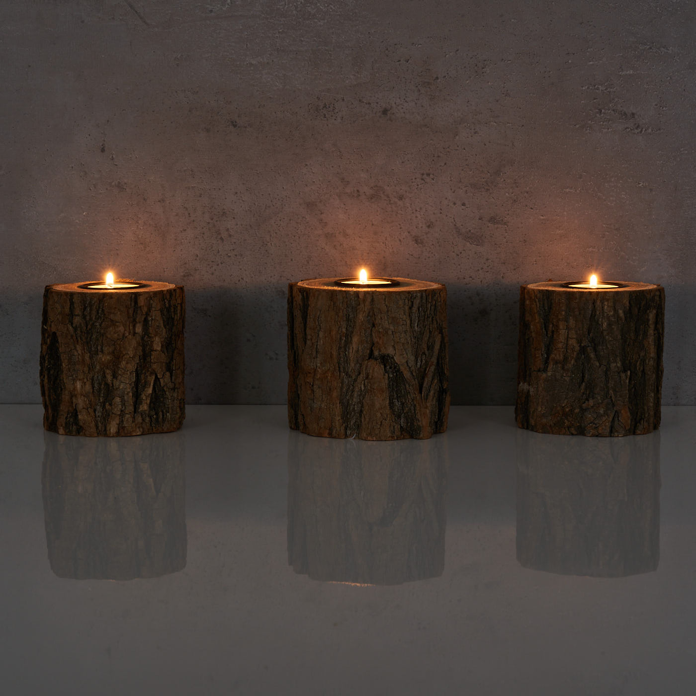 3er Set Teelichthalter Holz H10cm Kerzenhalter Kerzenständer Baum Natur Unikat