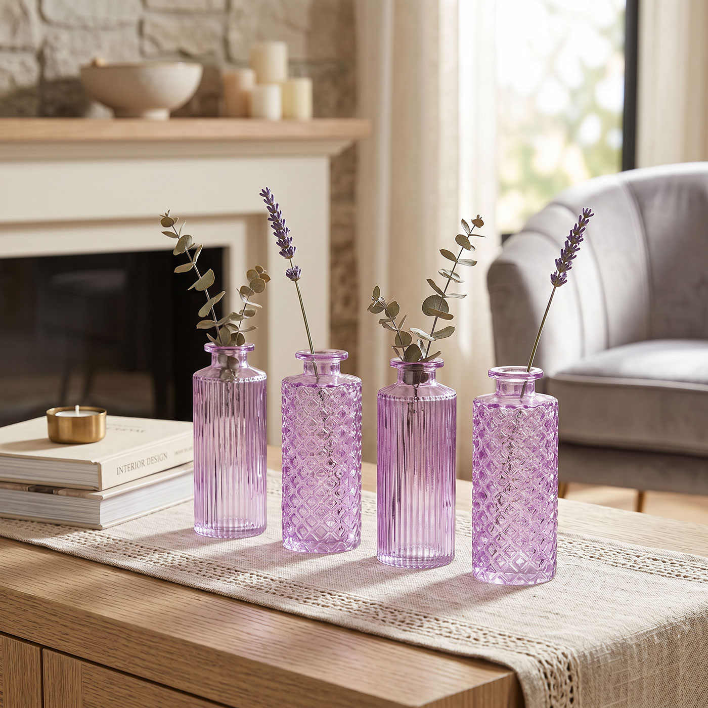 4er Set Vase Glas Lila H14cm Blumenvase Tischdeko Frühling Blumendeko Glasvase