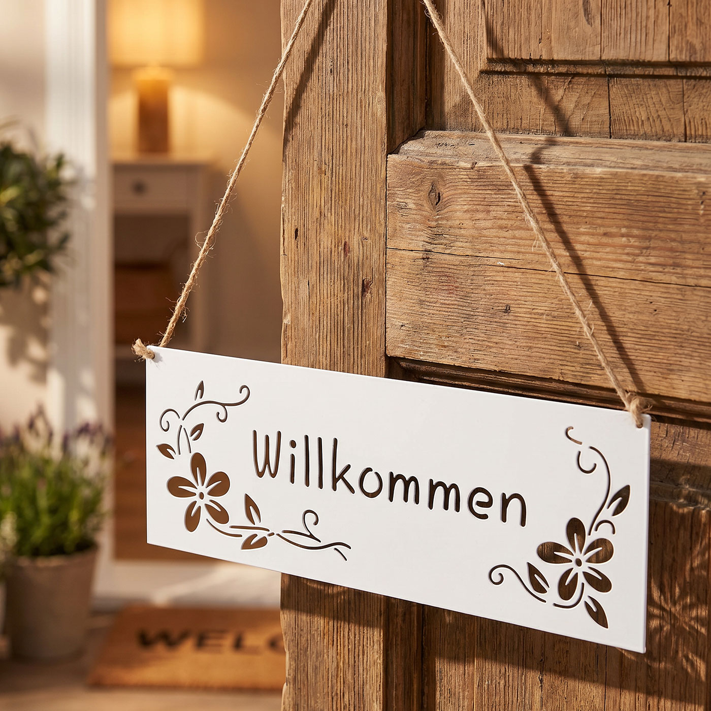 Türschild Willkommen Metall Weiß 25x9cm Hängedeko Gartenschild Gartendekoration