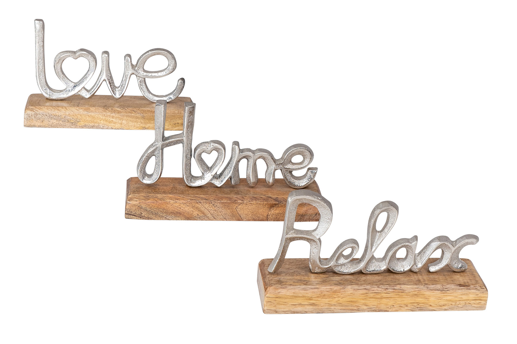 3er Set Schriftzug Love Home Relax Silber Mango Holz Metall Aufsteller Deko