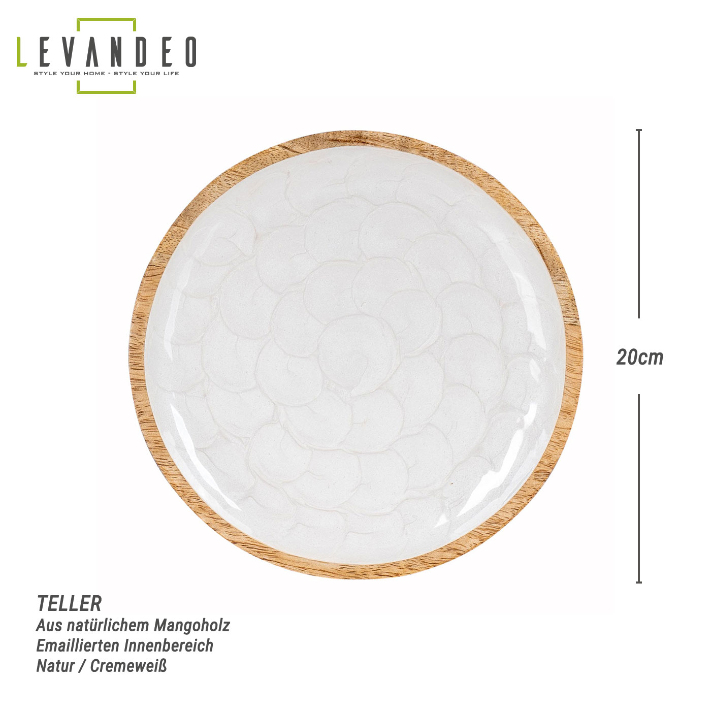 Deko Teller 20cm Mango Holz Creme Perlmutt Emaille Snacks Schale Tischdeko