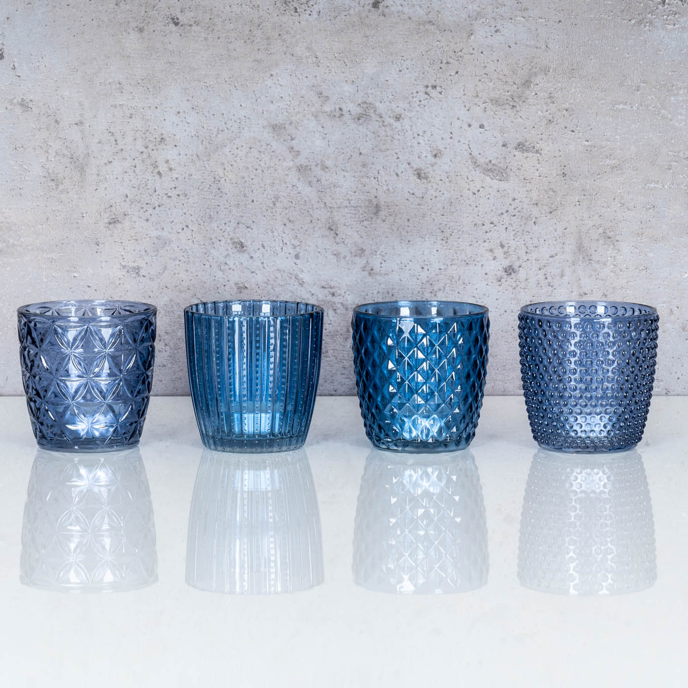 8er Set Windlicht H7,5cm Glas Blau Teelichthalter Tischdeko Kerzen Retro Deko