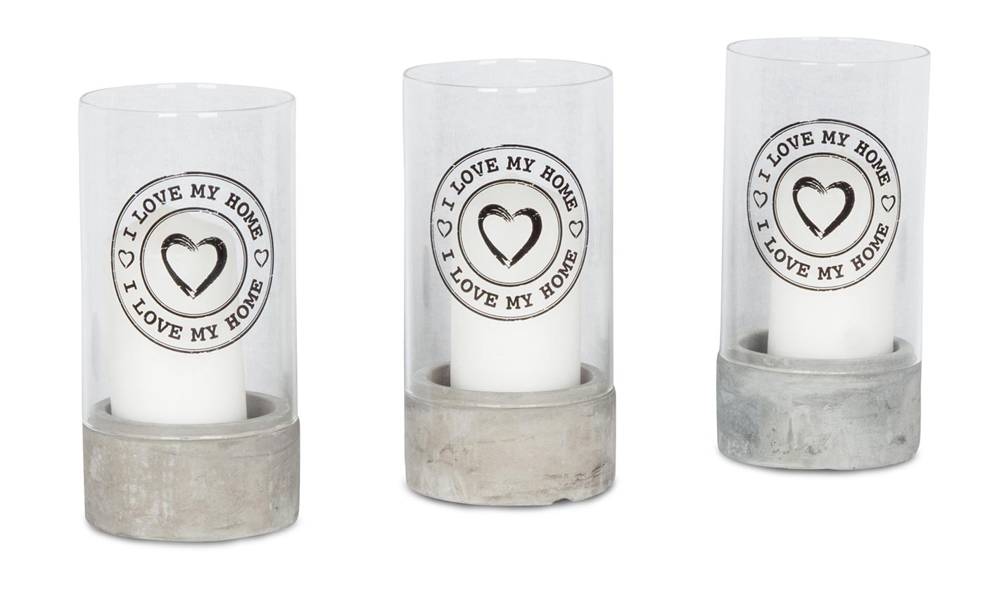 3er Set Deko-Glas 16x8cm Kerze Beton Zement I love my home Geschenk