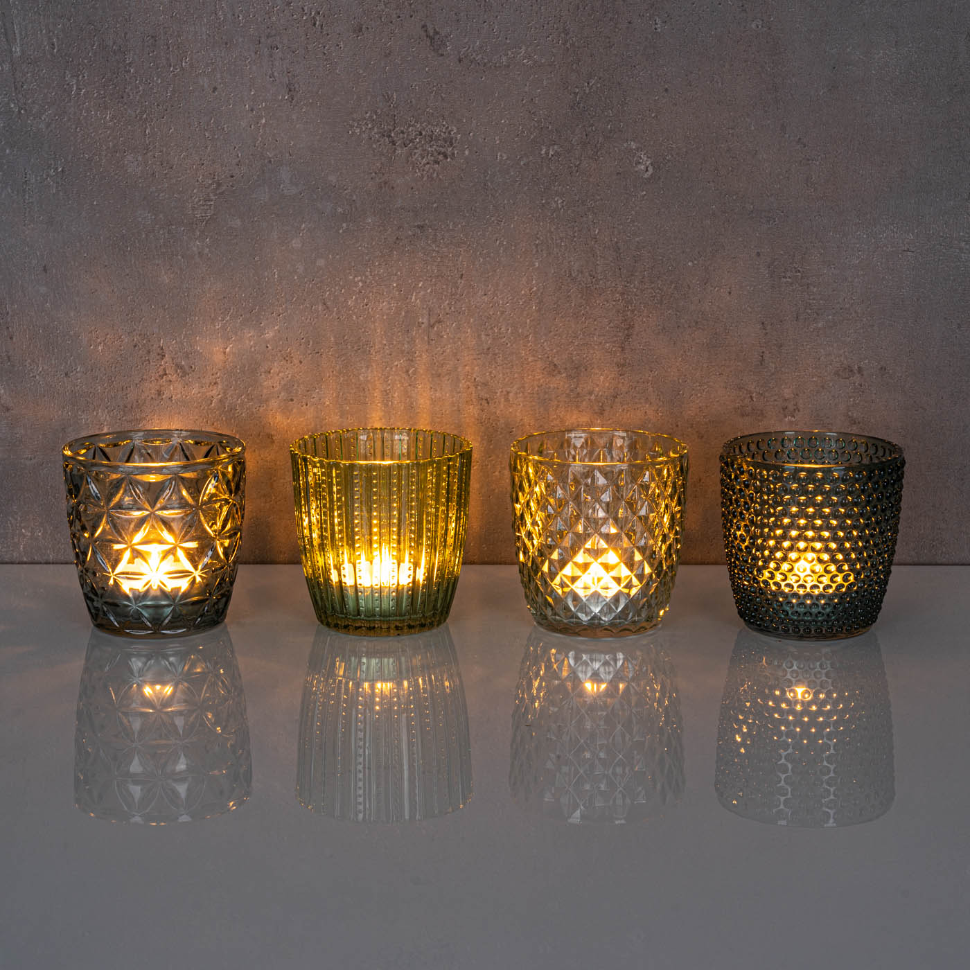 8er Set Windlicht H7,5cm Glas Grün Teelichthalter Tischdeko Kerzen Retro Deko