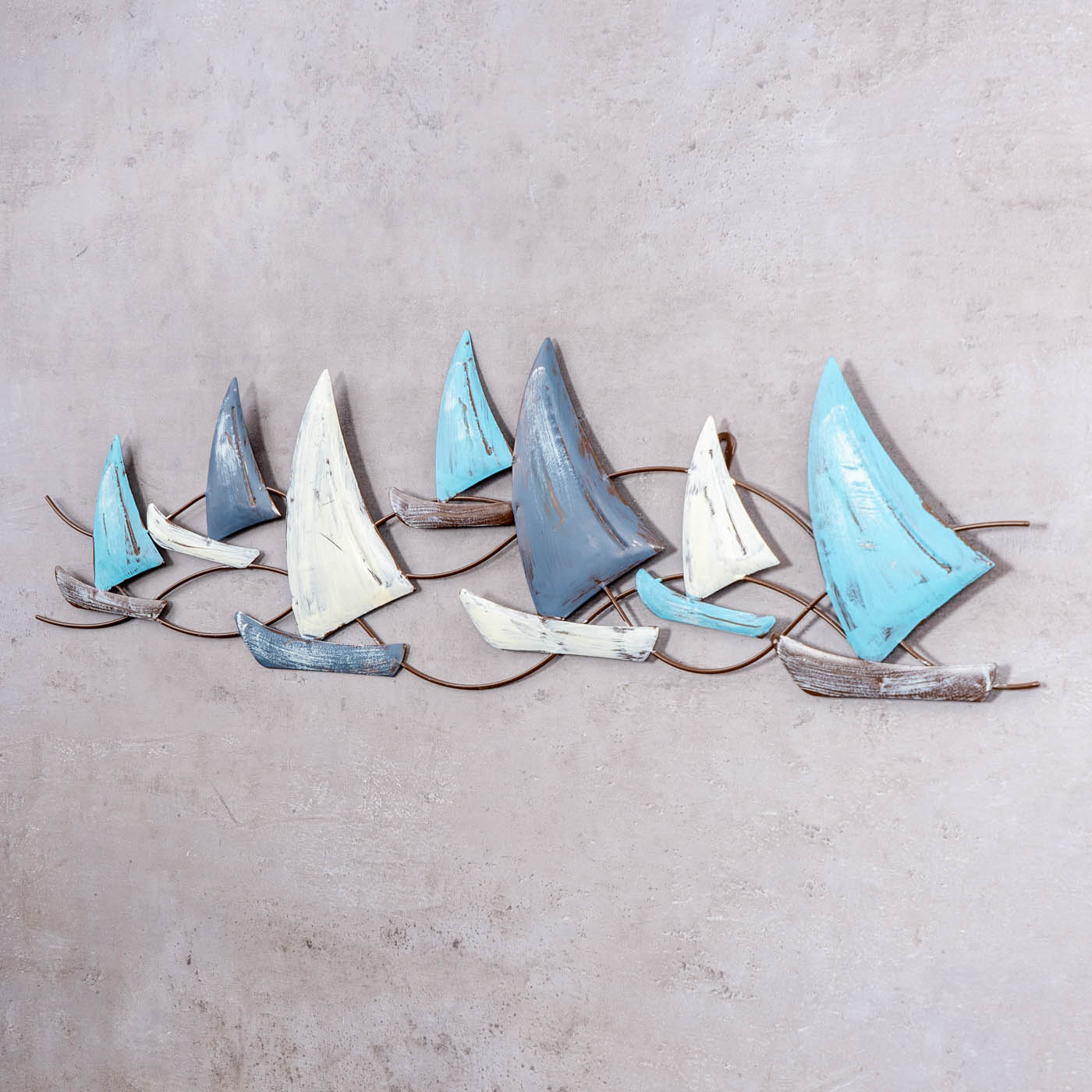 Wanddeko L74cm Segelboot Wandbild Blau Grau Weiß Maritim Wandbild Metalldeko