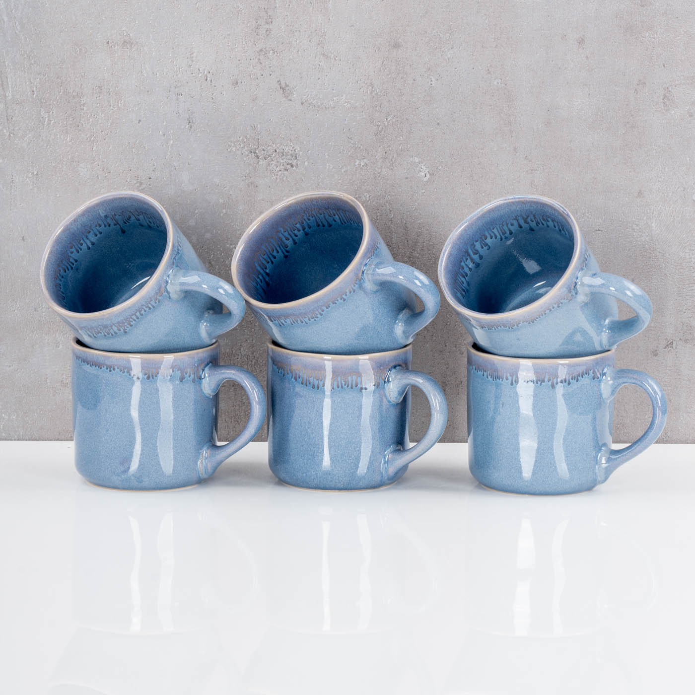 6er Set Steingut Becher 350ml Tasse Blau Kaffeepott Tasse Modern Design Küche