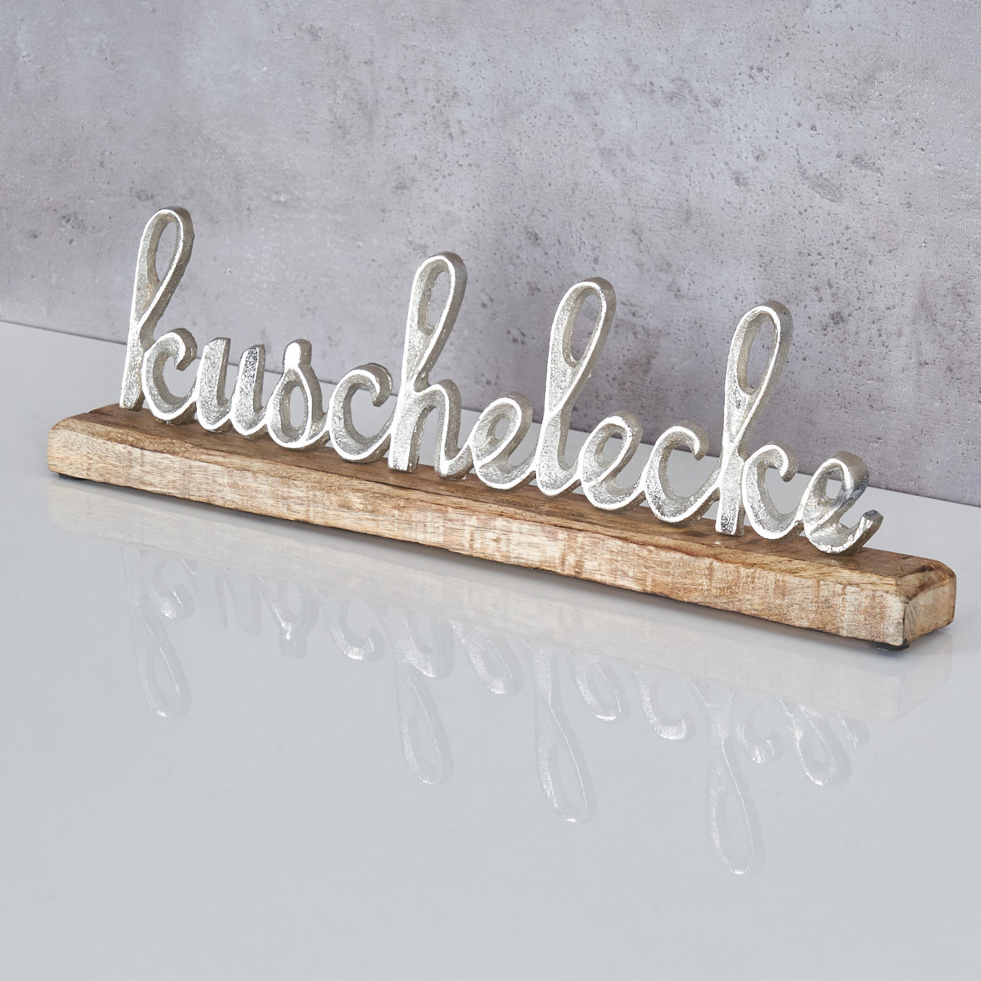 Schriftzug Kuschelecke L40cm Silber Mango Holz Tischdeko Geschenk Aufsteller
