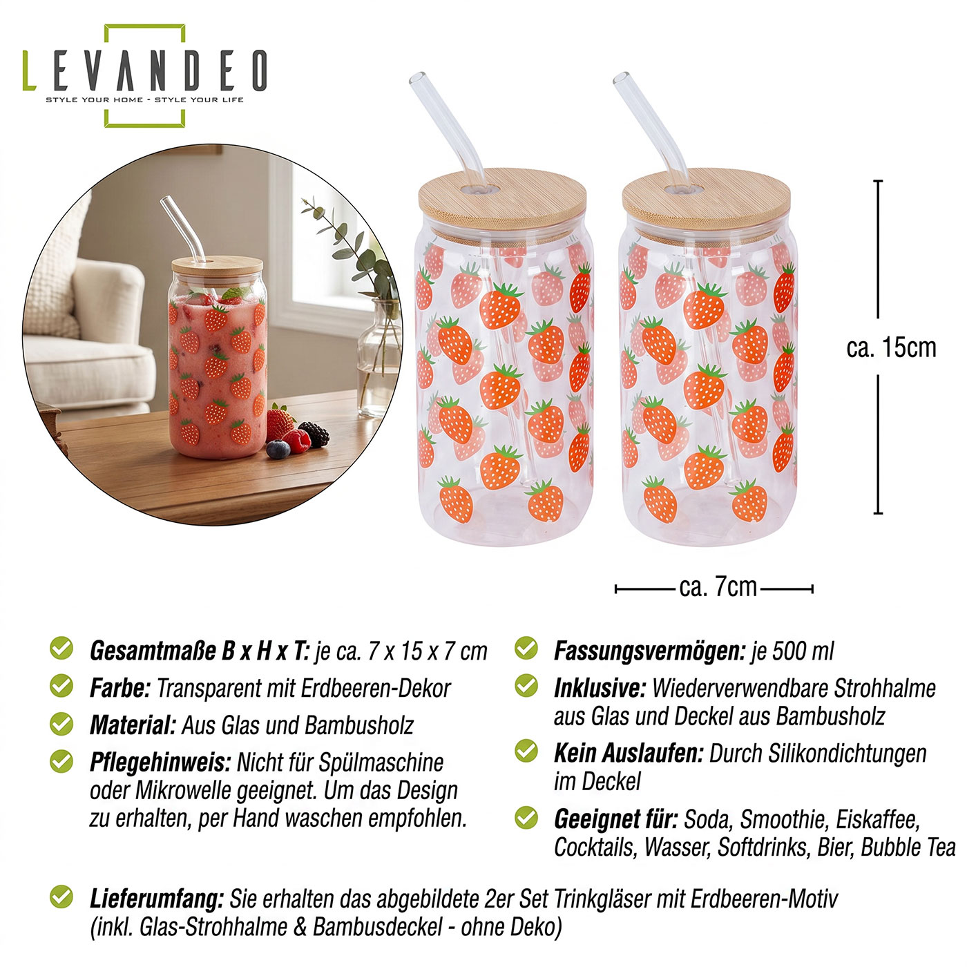 2er Set Trinkglas 500ml Erdbeere Glas-Strohhalm Bambusdeckel Trinkbecher Sommer