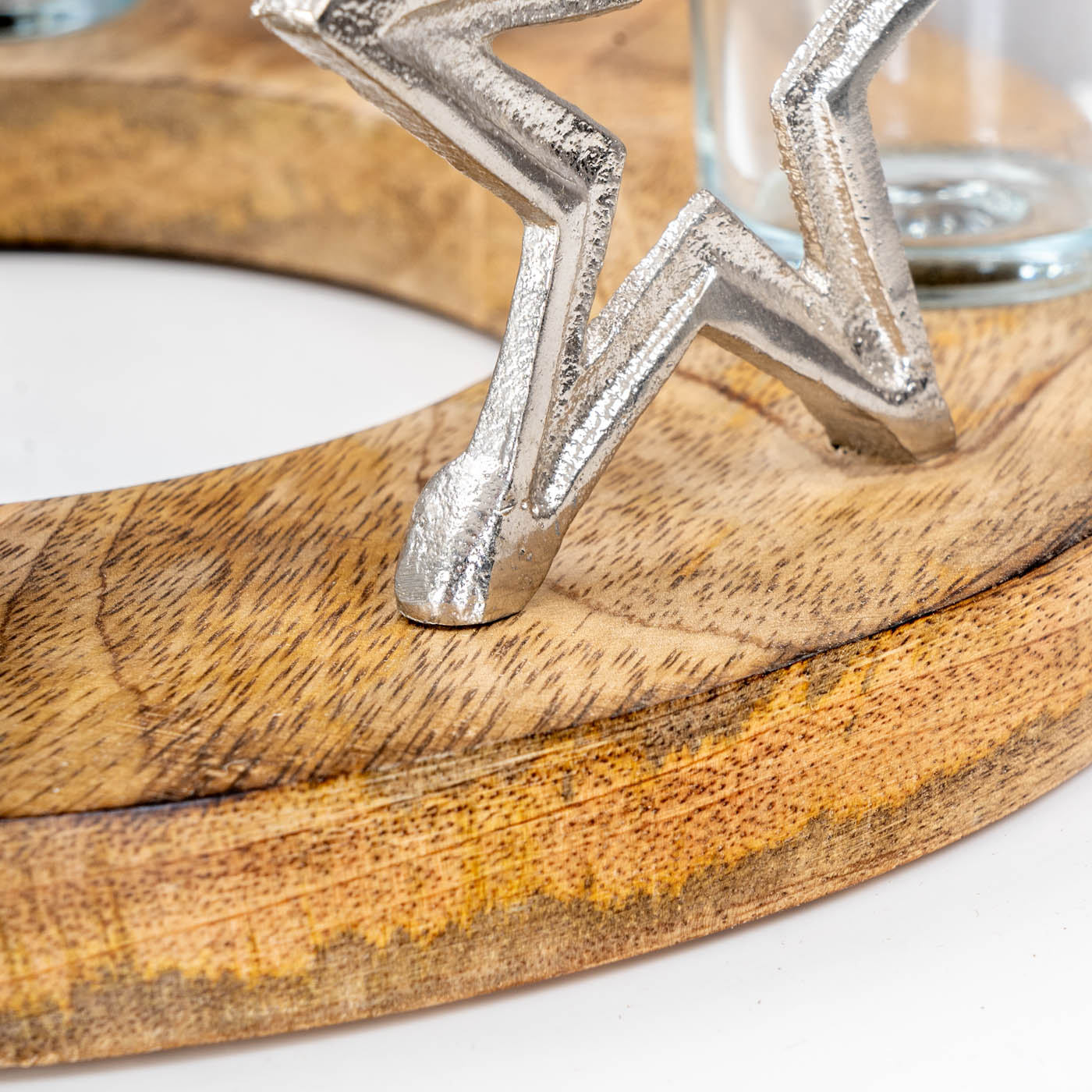 Adventskranz ø30cm Mango Holz Silber Natur Kerzenhalter Sterne Weihnachten Deko