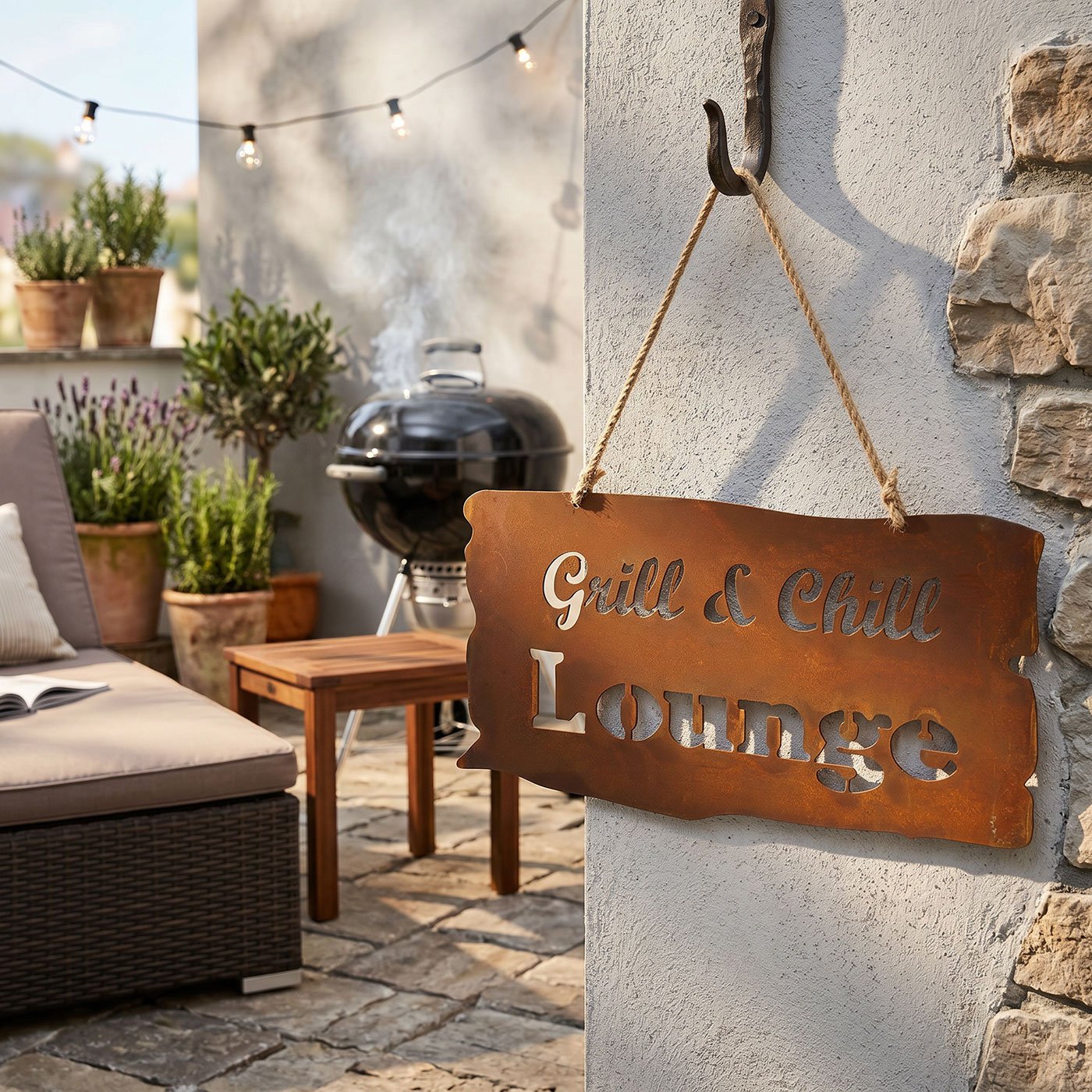 Rostschild Grill Lounge Gartenbild Eisen Wandbild Deko Terrasse Balkon Garten