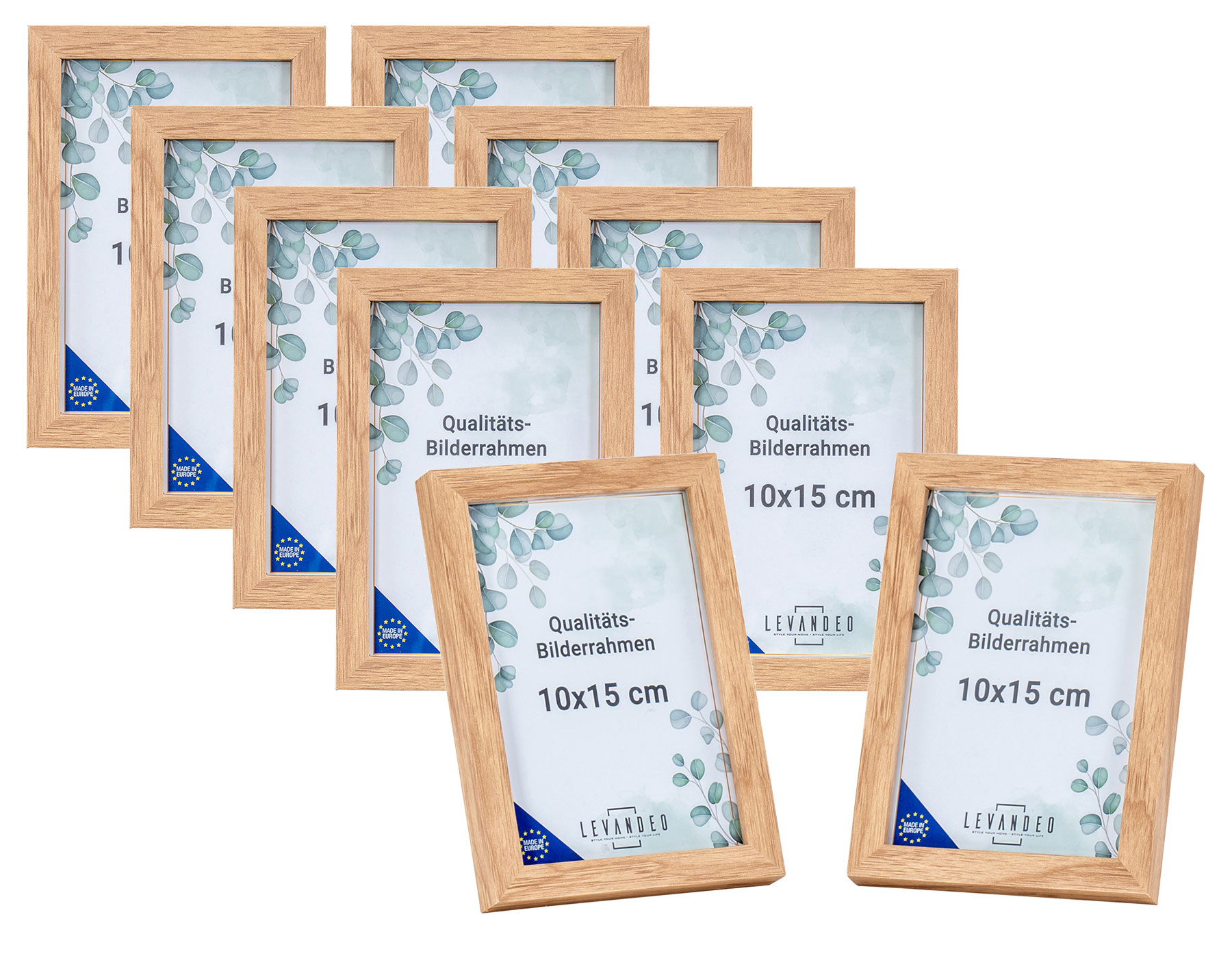 10er Set Portrait Bilderrahmen Made in EU 10x15 Eiche Optik Glasscheibe Fotorahmen