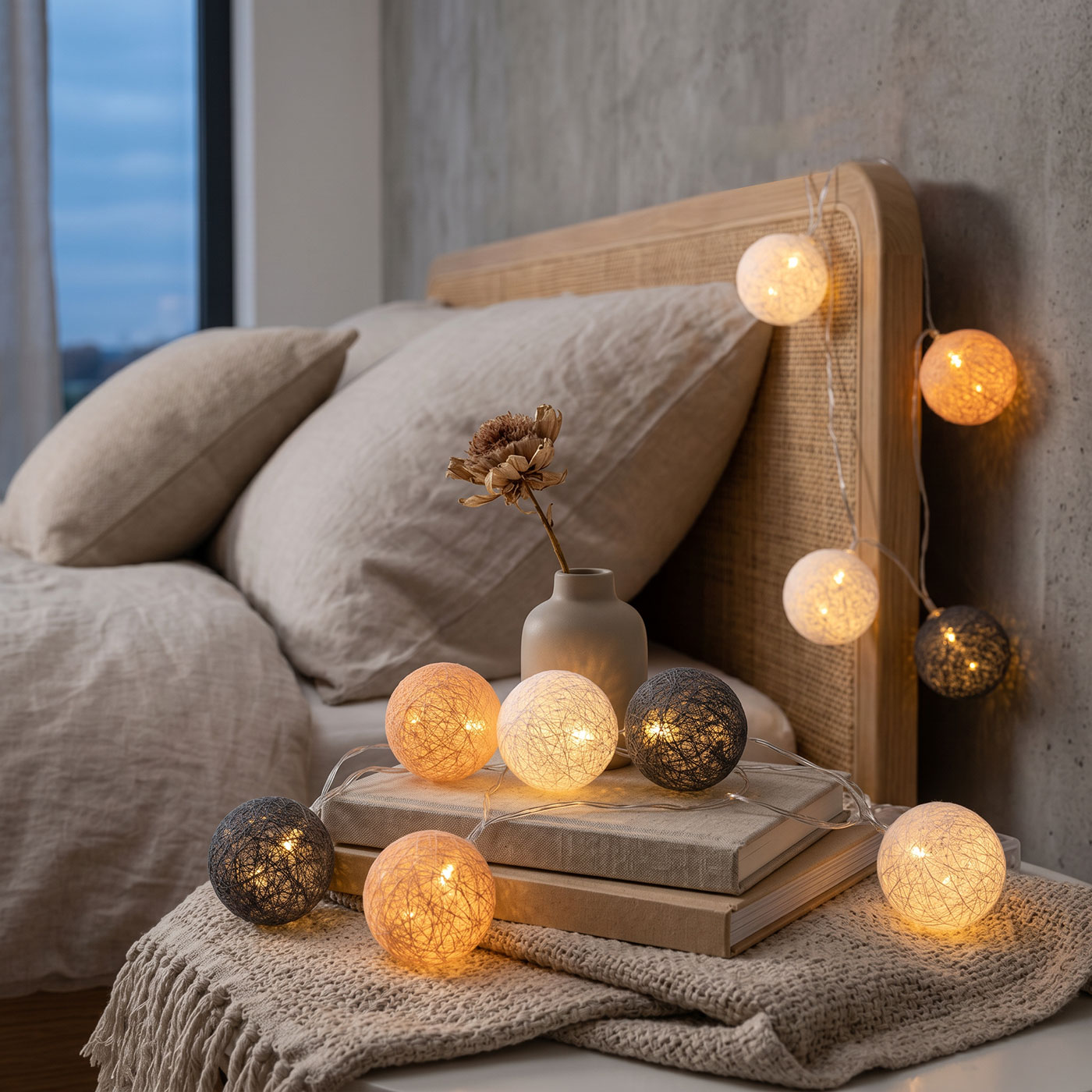 10er Lichterkette LED Kugeln Lampions Baumwolle Orange Weiß Cotton Warmweiß Deko