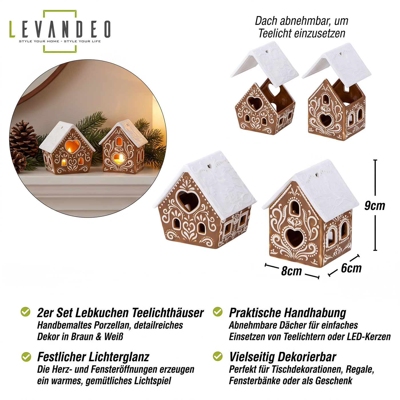 2er Set Teelichthalter Lebkuchen Haus Porzellan Kerzenhalter Weihnachten Deko