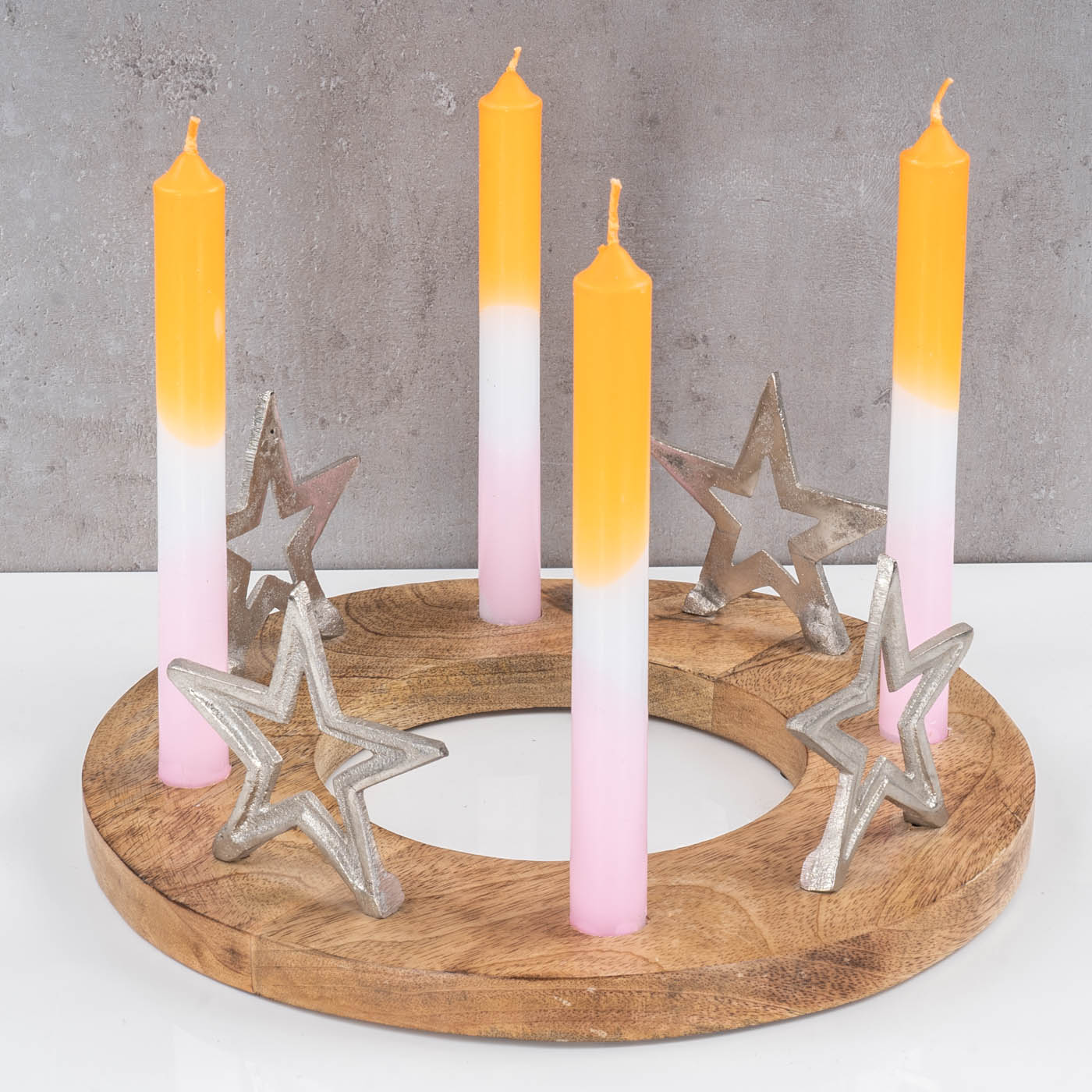 Adventskranz ø30cm Mango Holz Silber Natur Stabkerzen-Halter Sterne Weihnachten