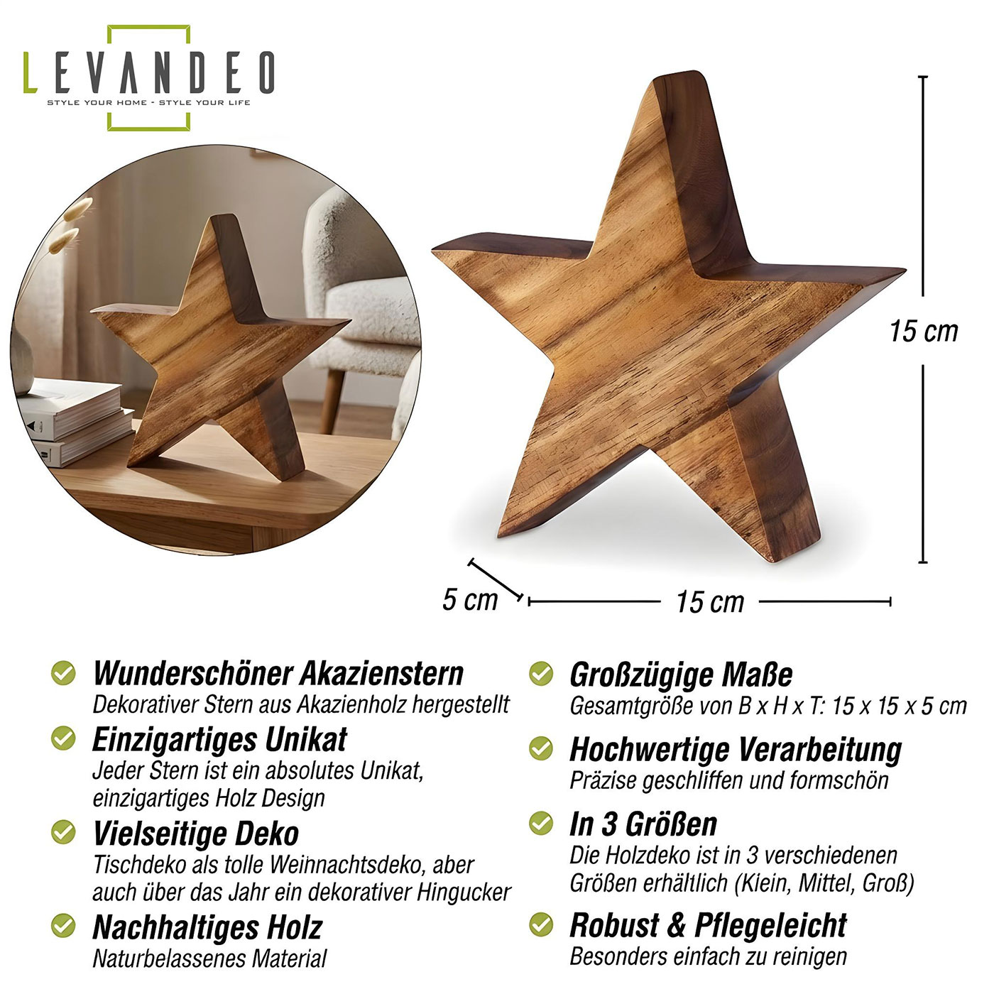 Stern Holzstern Akazie 15cm Akazienholz Braun Natur Deko Tischdeko Holzdeko