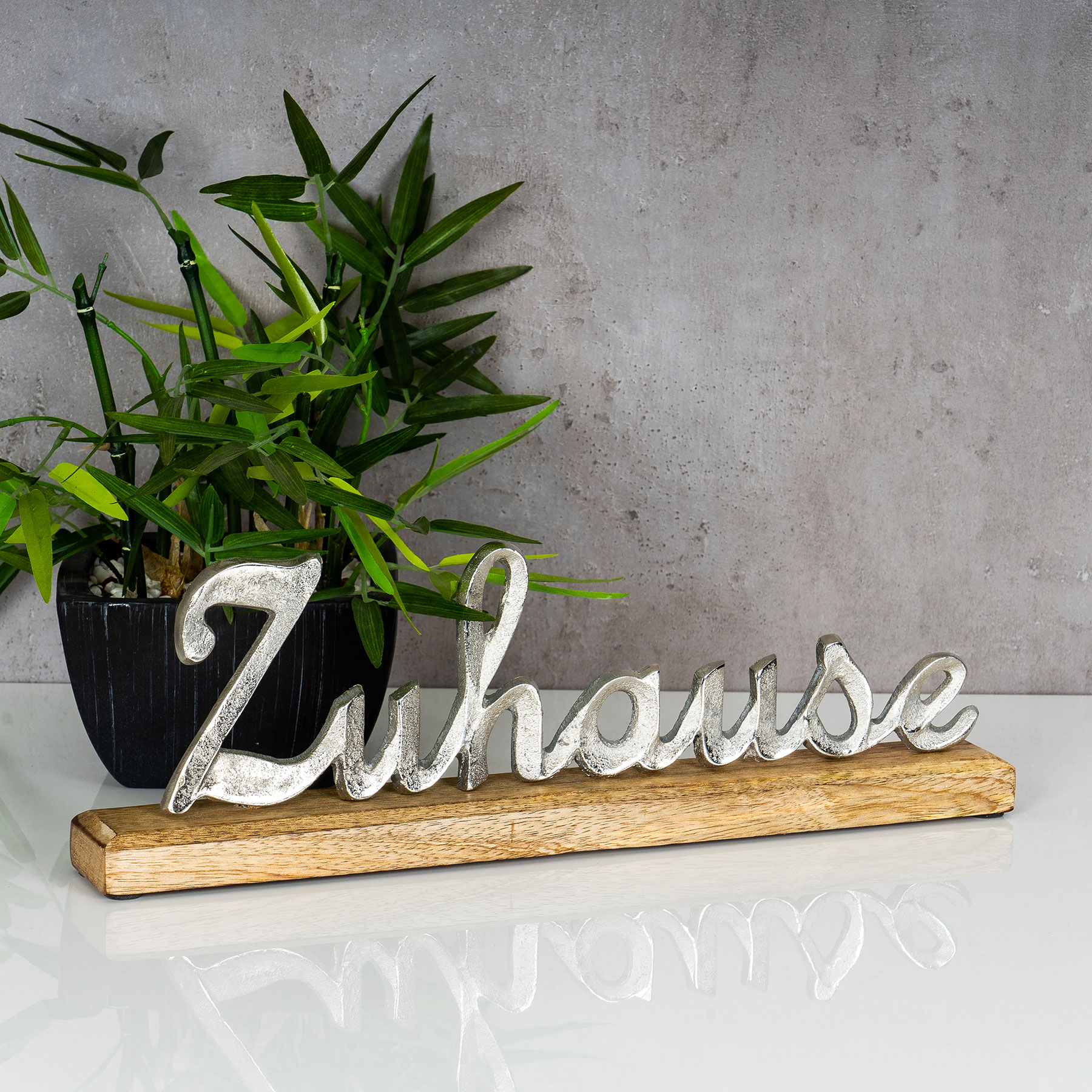 Schriftzug Zuhause L40,5cm Metall Silber Mango Holz Tischdeko Deko Aufsteller