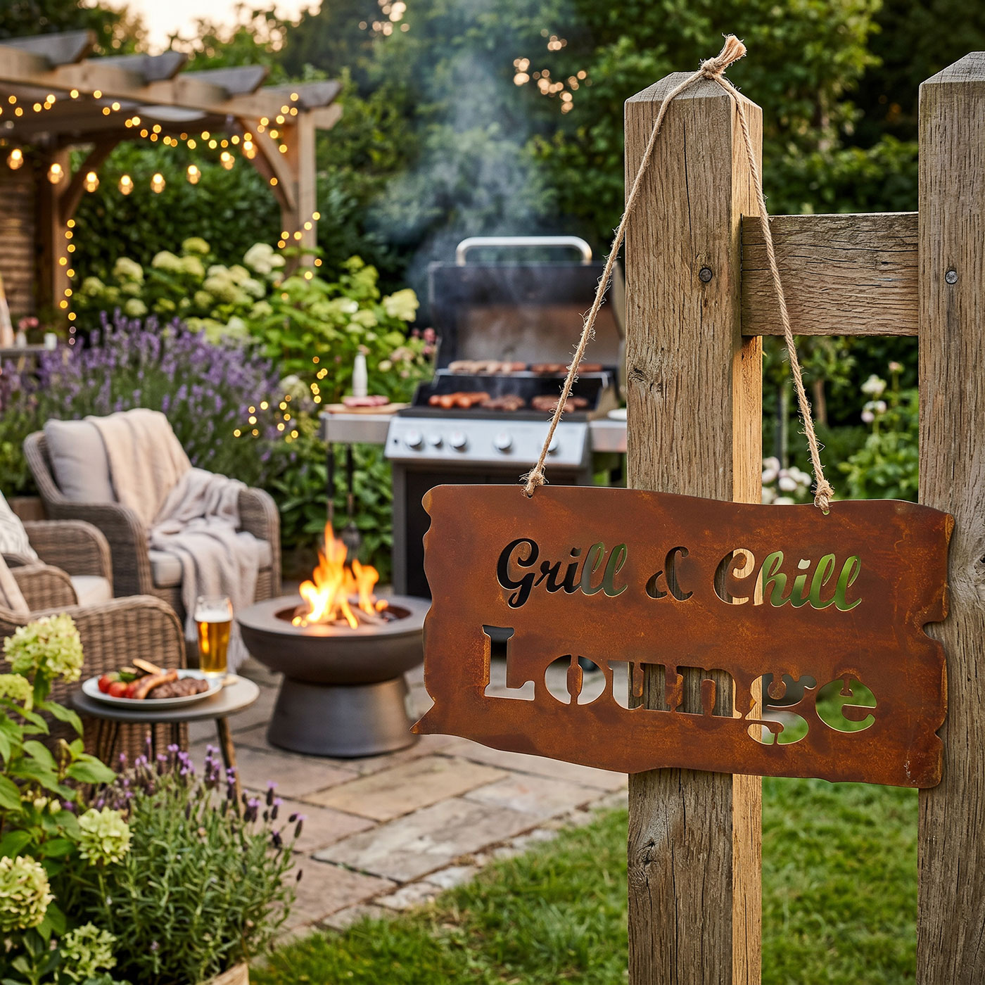 Rostschild Grill Lounge Gartenbild Eisen Wandbild Deko Terrasse Balkon Garten