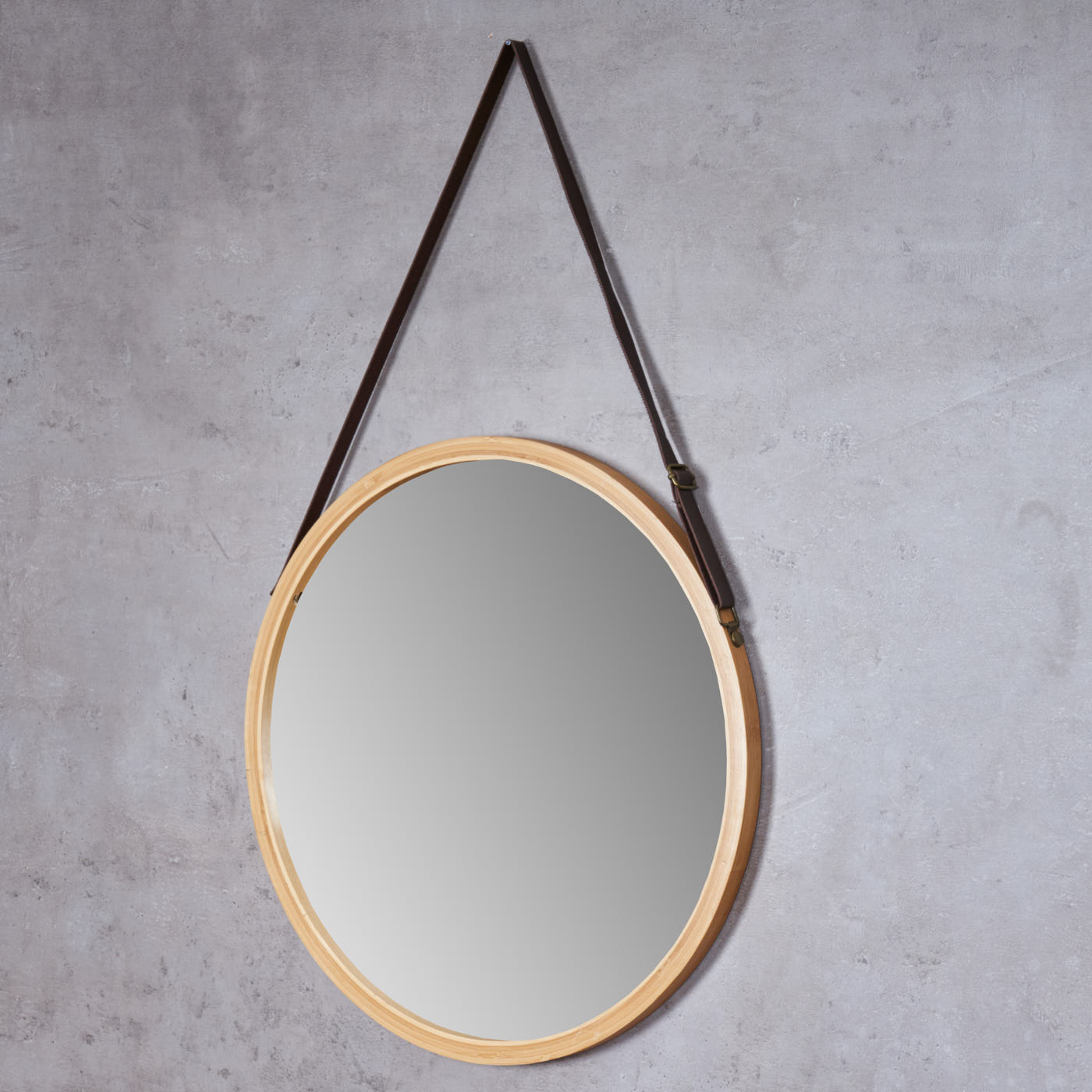 Wandspiegel 38cm Rund Bambus Holz Kunstleder Flurspiegel Wanddeko Deko Spiegel