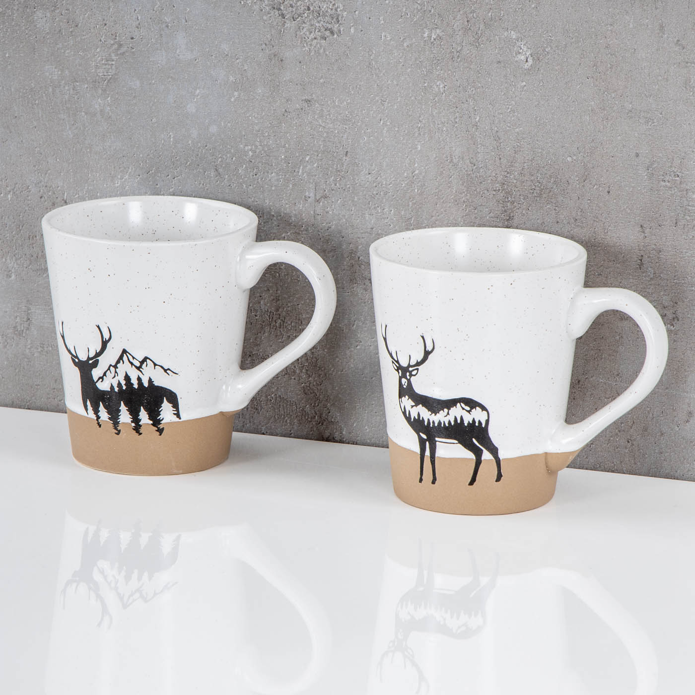 2er Set Steingut Tassen 360ml Hirsch Kaffeetasse Natur Becher Modern Alpen Design