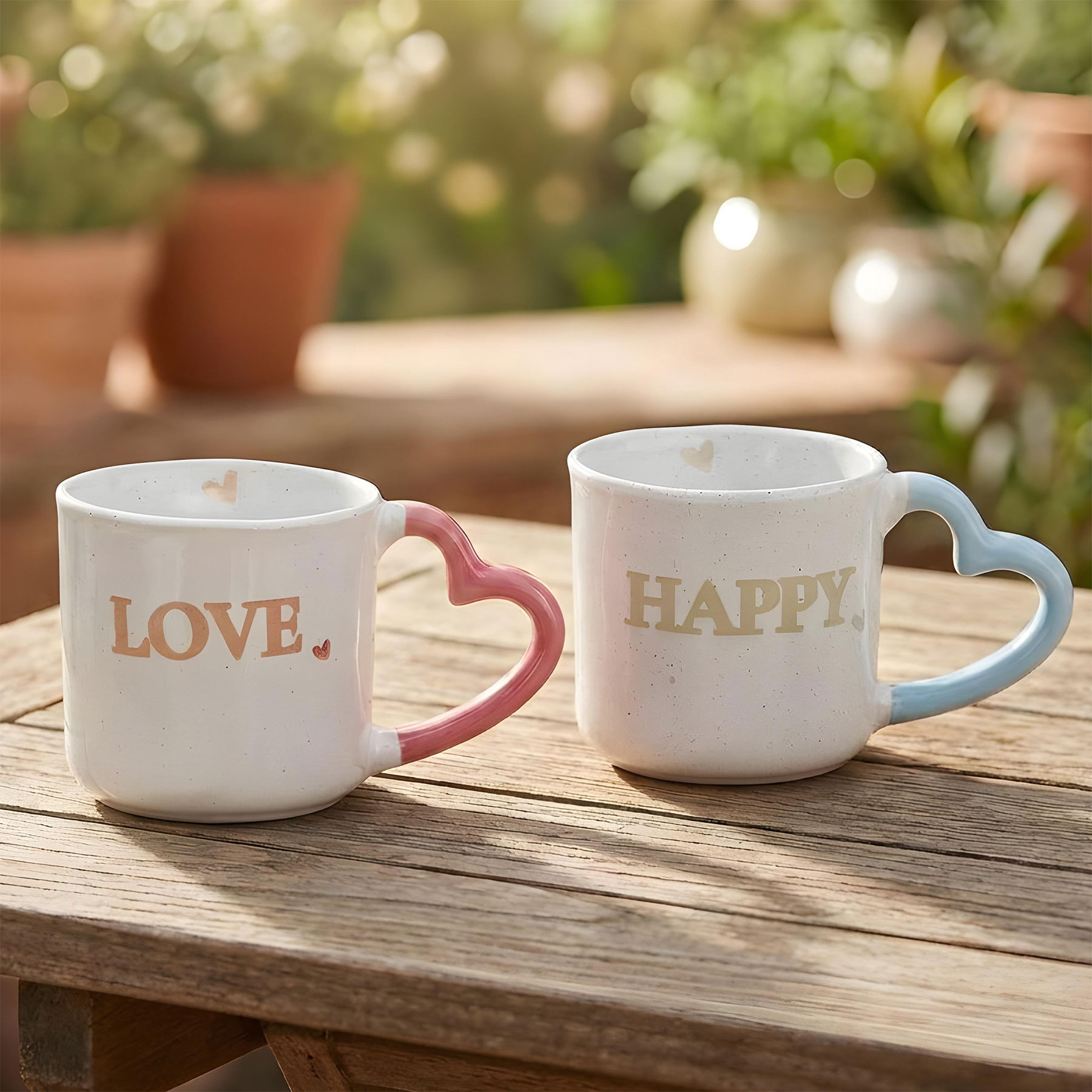 2er Set Tassen Steingut 350ml Herz Happy Love Kaffeebecher Kaffeetasse Geschenk