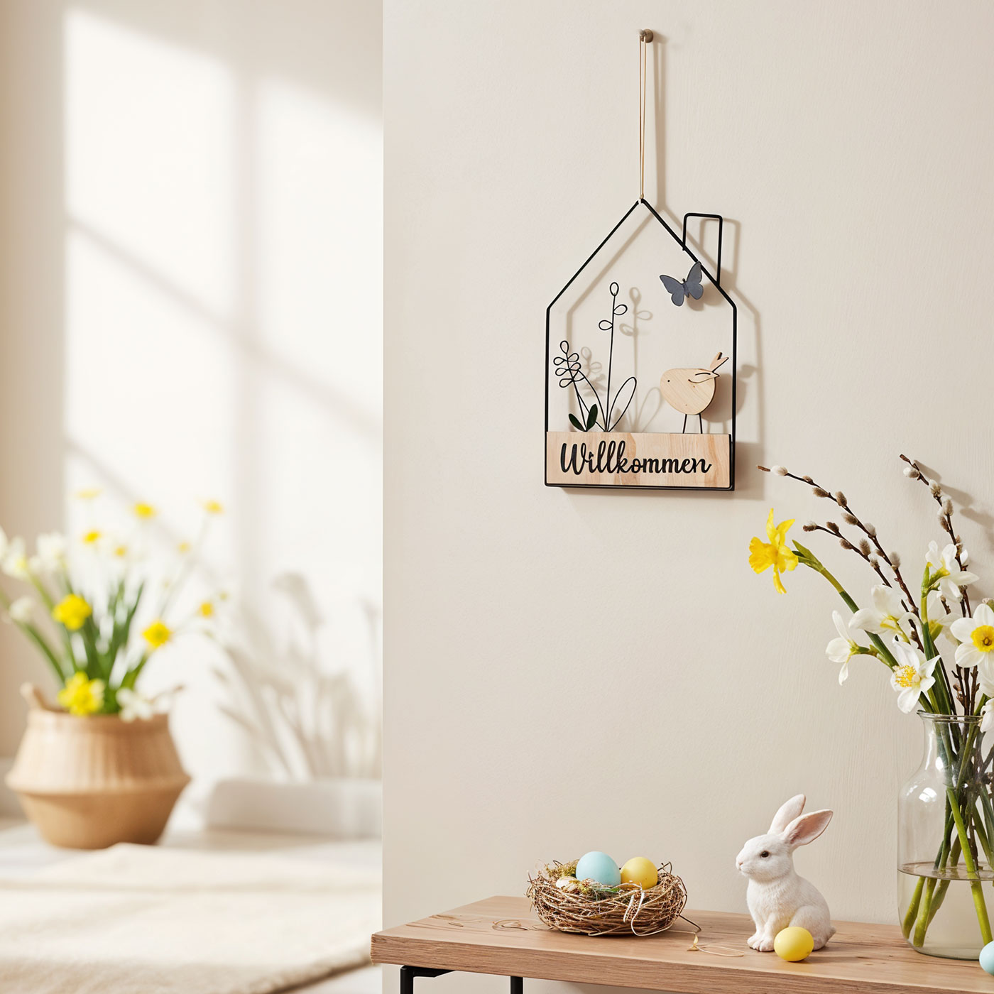 Willkommensschild Hausform Metall Türschild Schwarz Natur Haus Türkranz Ostern