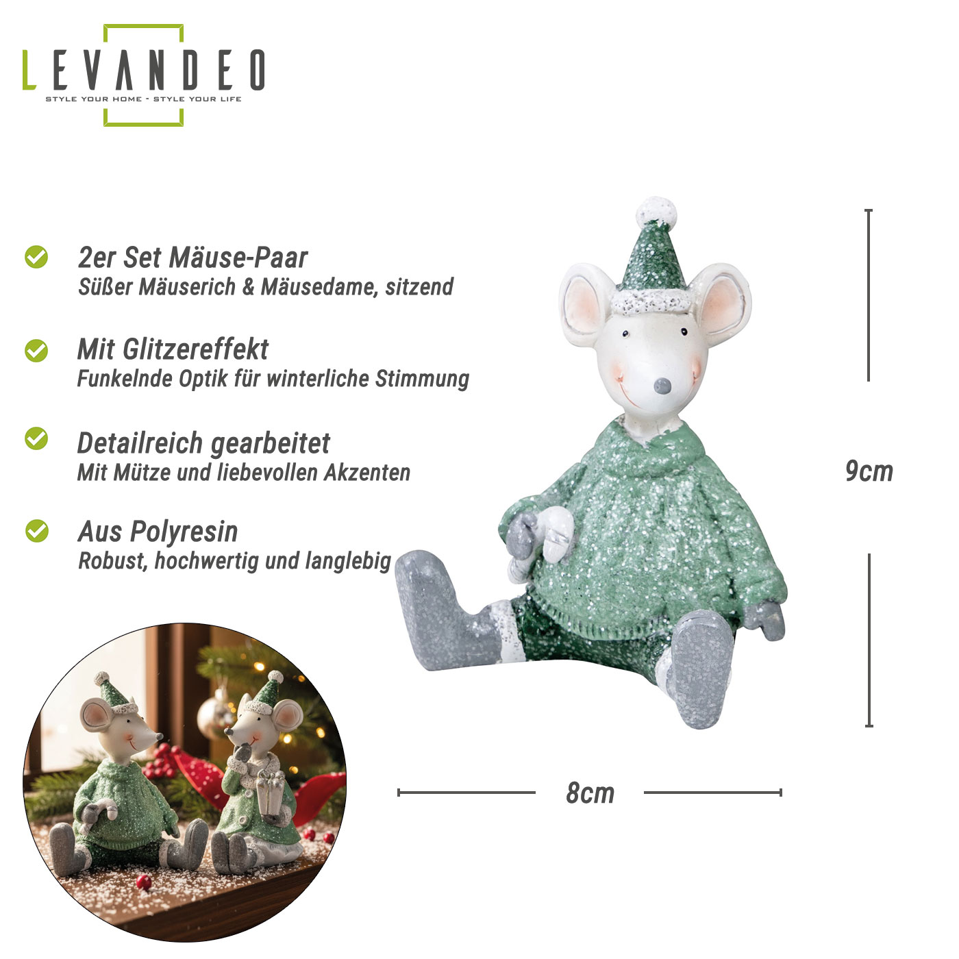 4er Set Mäuse Figuren Weihnachten Deko Kunstharz Grün Weiß Weihnachtsdeko Deko