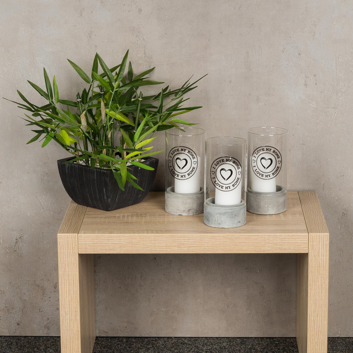 3er Set Deko-Glas 16x8cm Kerze Beton Zement I love my home Geschenk