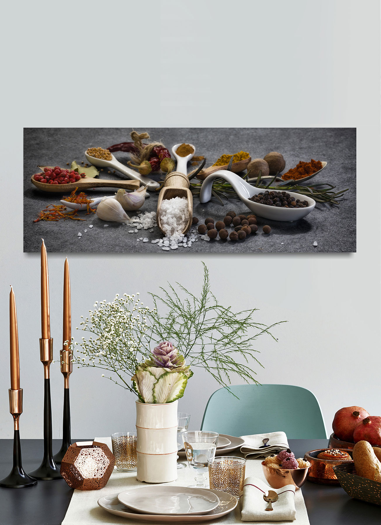 Glasbild 80x30cm Gewürze Kräuter Küche Küchenbild Löffel Wandbild Wanddeko