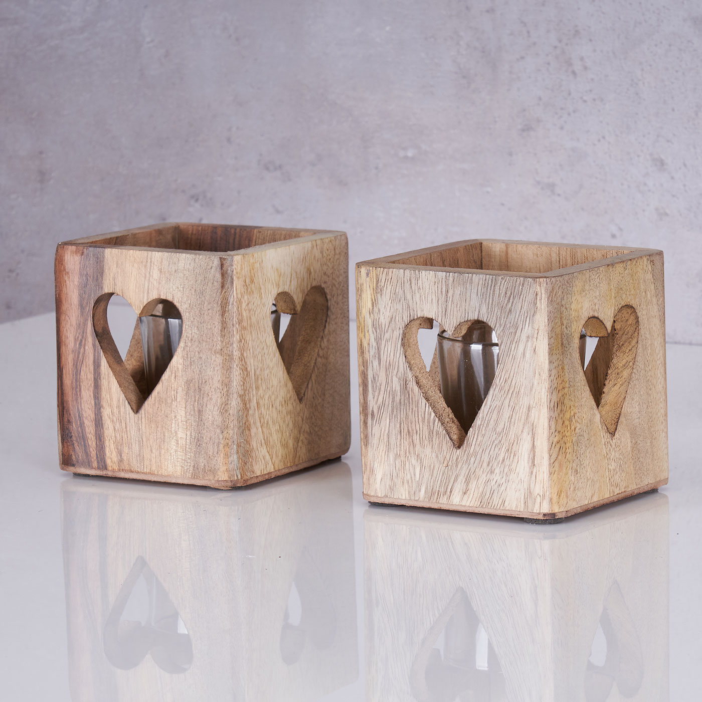 2er Set Windlicht Herz 9cm Mangoholz Teelicht Glas Teelichthalter Kerze Deko