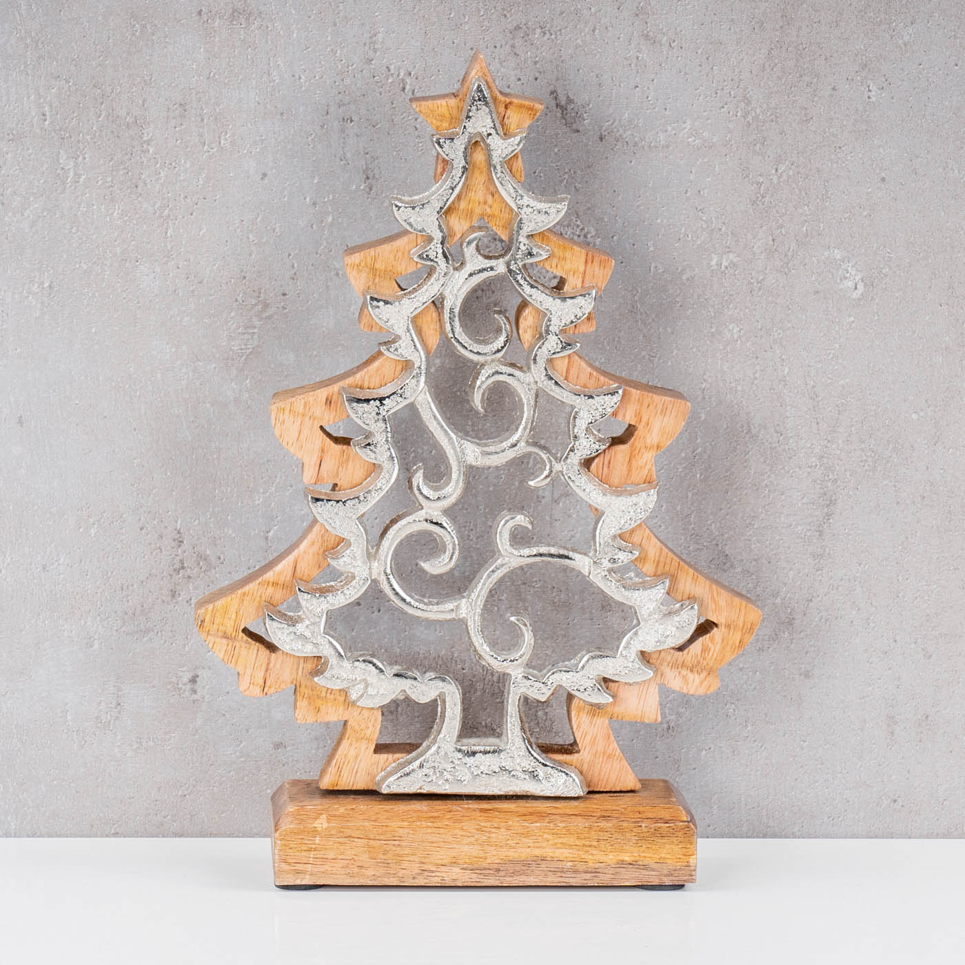 Deko Baum Aufsteller Weihnachten H25cm Holz Metall Natur Silber Tischdeko Tanne
