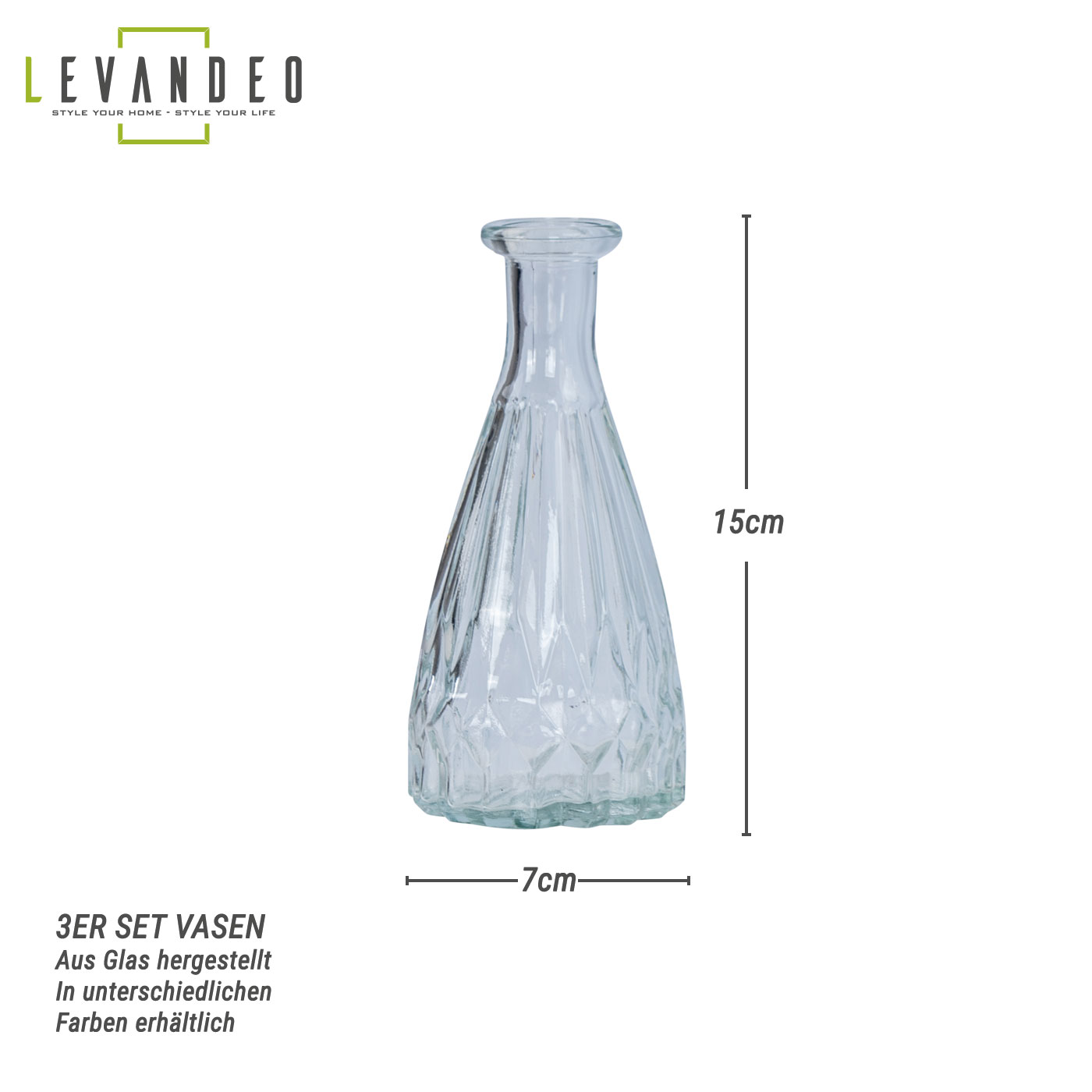 3er Set Vasen Glas H15cm Klarglas Blumenvase Tischdeko Glasvase Blumendeko
