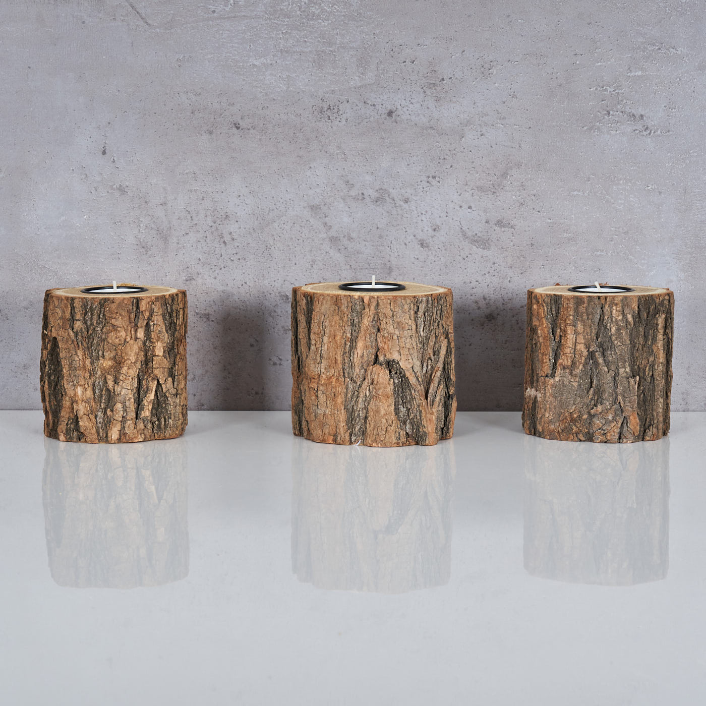 3er Set Teelichthalter Holz H10cm Kerzenhalter Kerzenständer Baum Natur Unikat