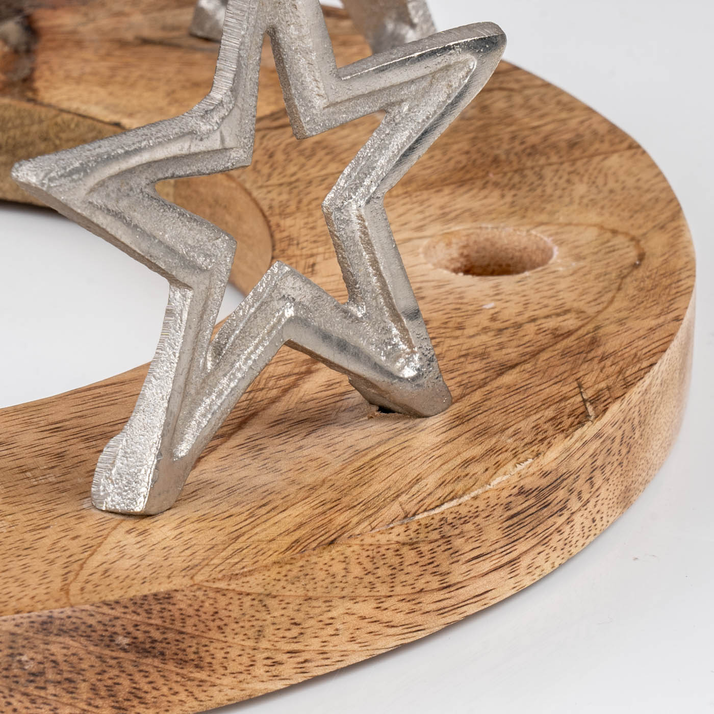 Adventskranz ø30cm Mango Holz Silber Natur Stabkerzen-Halter Sterne Weihnachten
