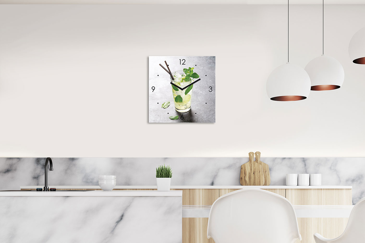 Wanduhr Glas 30x30cm Cocktail Limette Glasuhr Uhr Glasbild Küche Bar Deko