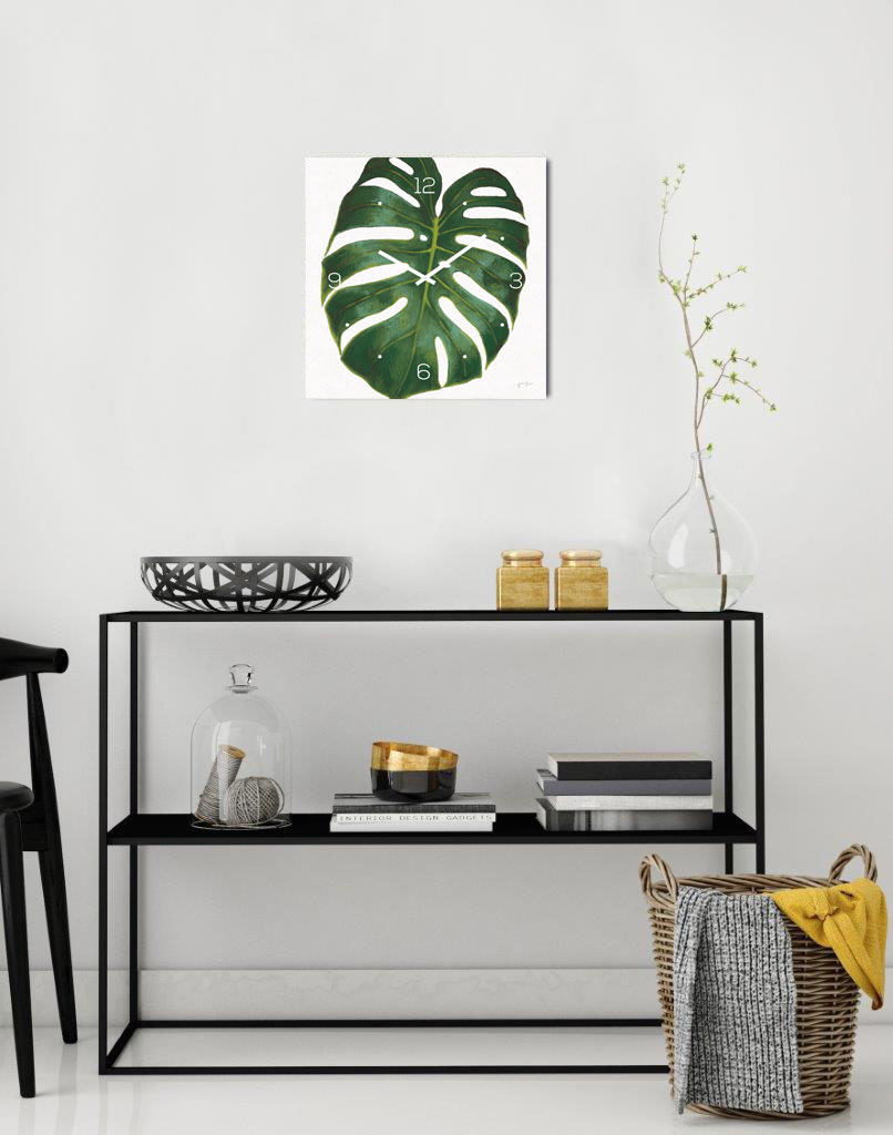 levandeo Wanduhr Glas 30x30cm Glasuhr Uhr Glasbild Monstera Blatt Grün Deko