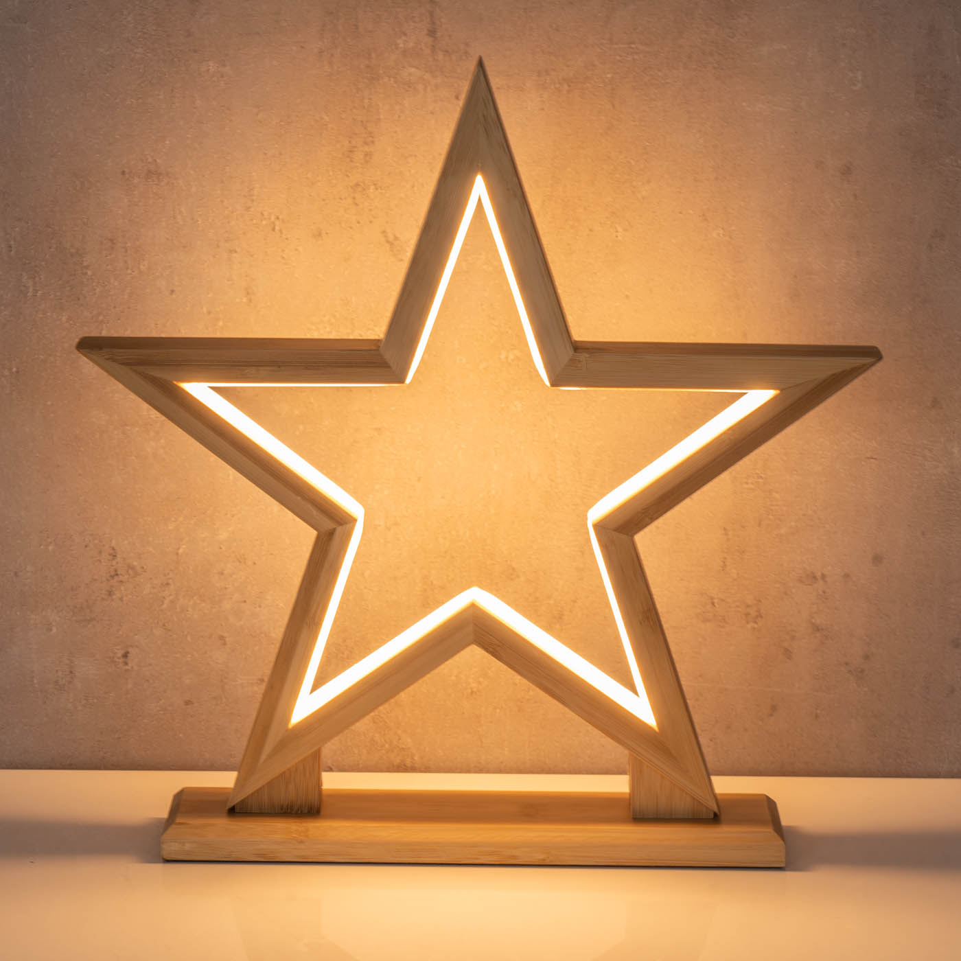 LED Stern Holz H33cm Tischlampe Bambus Weihnachten Dekoleuchte Weihnachtsdeko