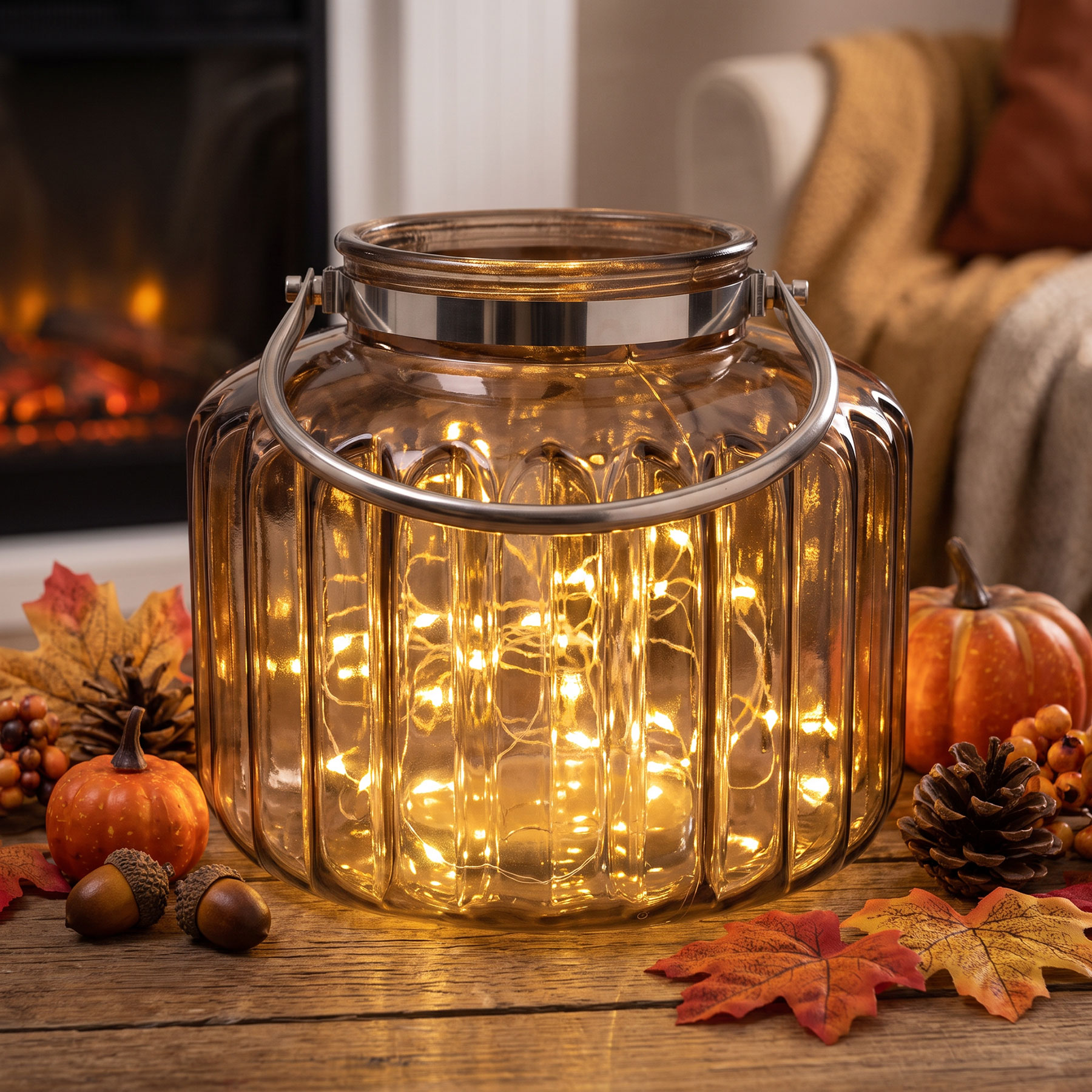 Windlicht Braun Glas H35cm Laterne Kerzenhalter Rillen Herbstdeko Tischdeko