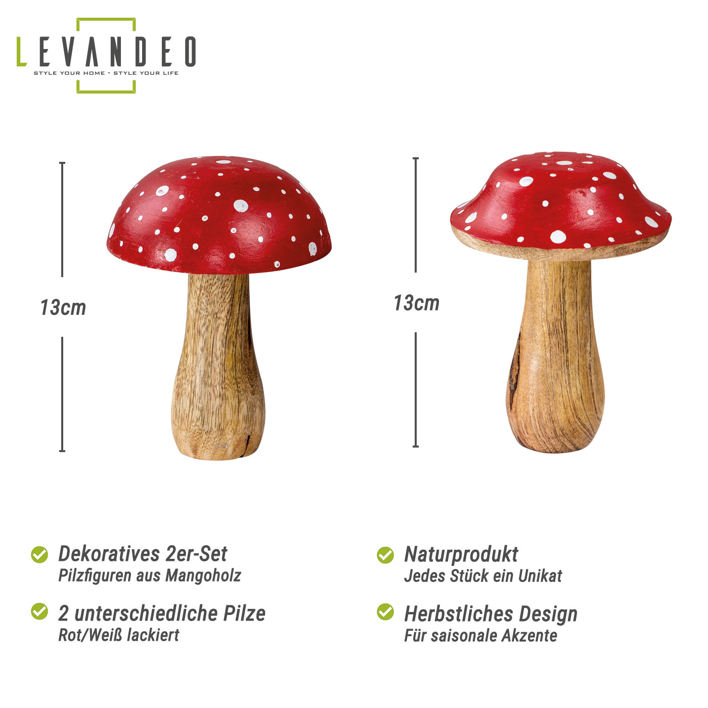 2er Set Deko Fliegenpilz Holzdeko Mango Braun Rot Tischdeko Herbst Herbstdeko