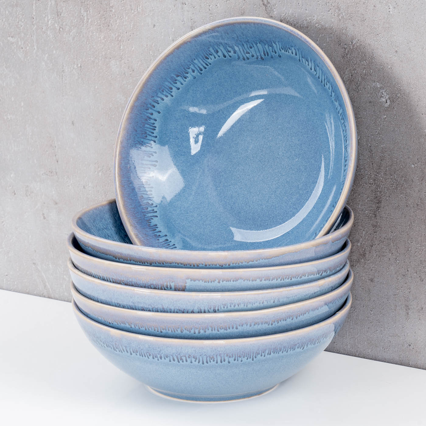6er Set Steingut Schale Ø18cm Blau Salat Schüssel 6 Personen Suppenteller Bowl