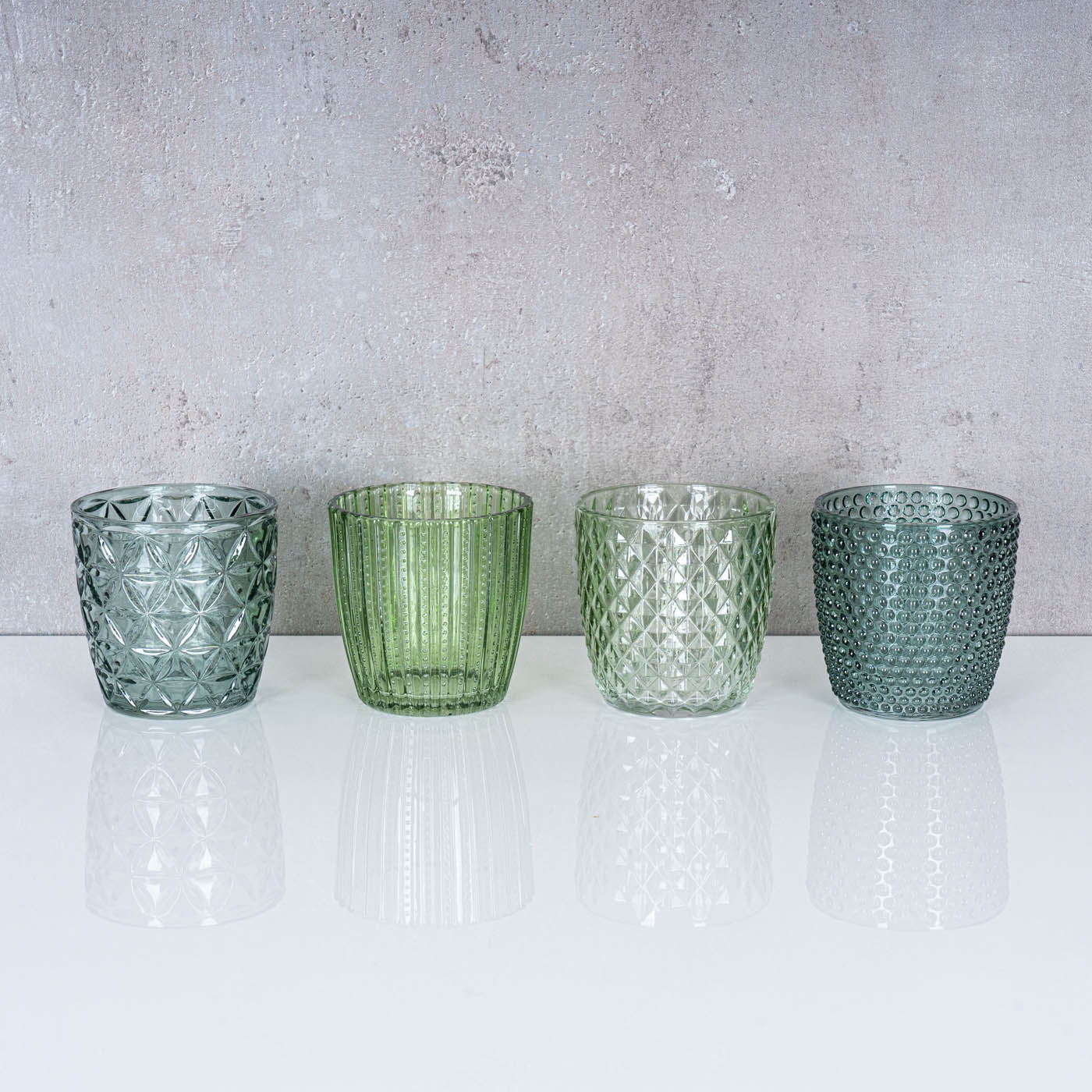 4er Set Windlicht H7,5cm Glas Grün Teelichthalter Tischdeko Kerzen Retro Deko