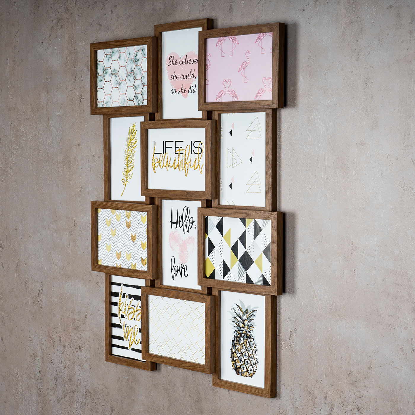 levandeo Bilderrahmen Collage 51x68cm 12 Fotos 13x18 Nussbaum MDF Holz Glas