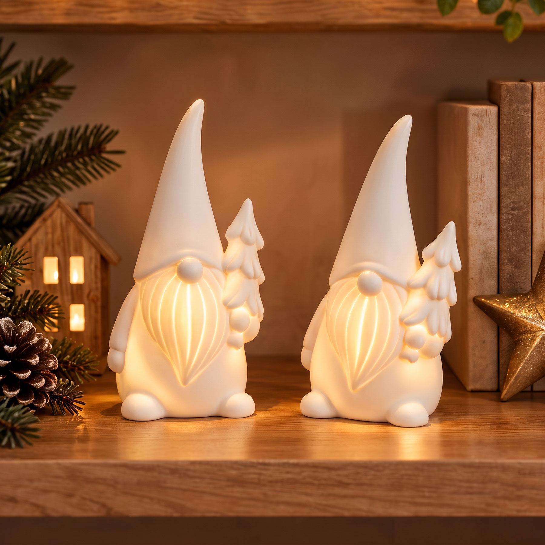 2er Set LED Deko Figur Weihnachtsmann H15cm Porzellan Weihnachtsdeko Tischdeko