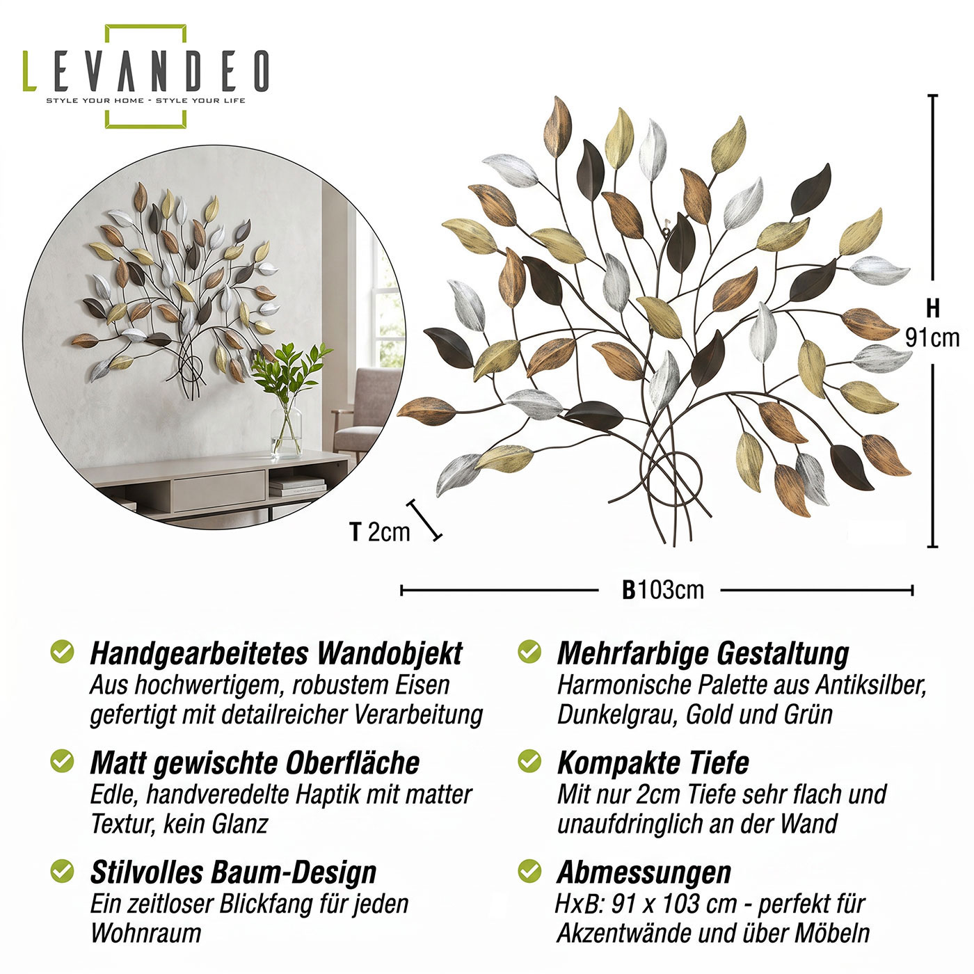XXL Wandobjekt Eisen Baum-Design 91x103cm Metalldeko Modern Vintage Wandbild