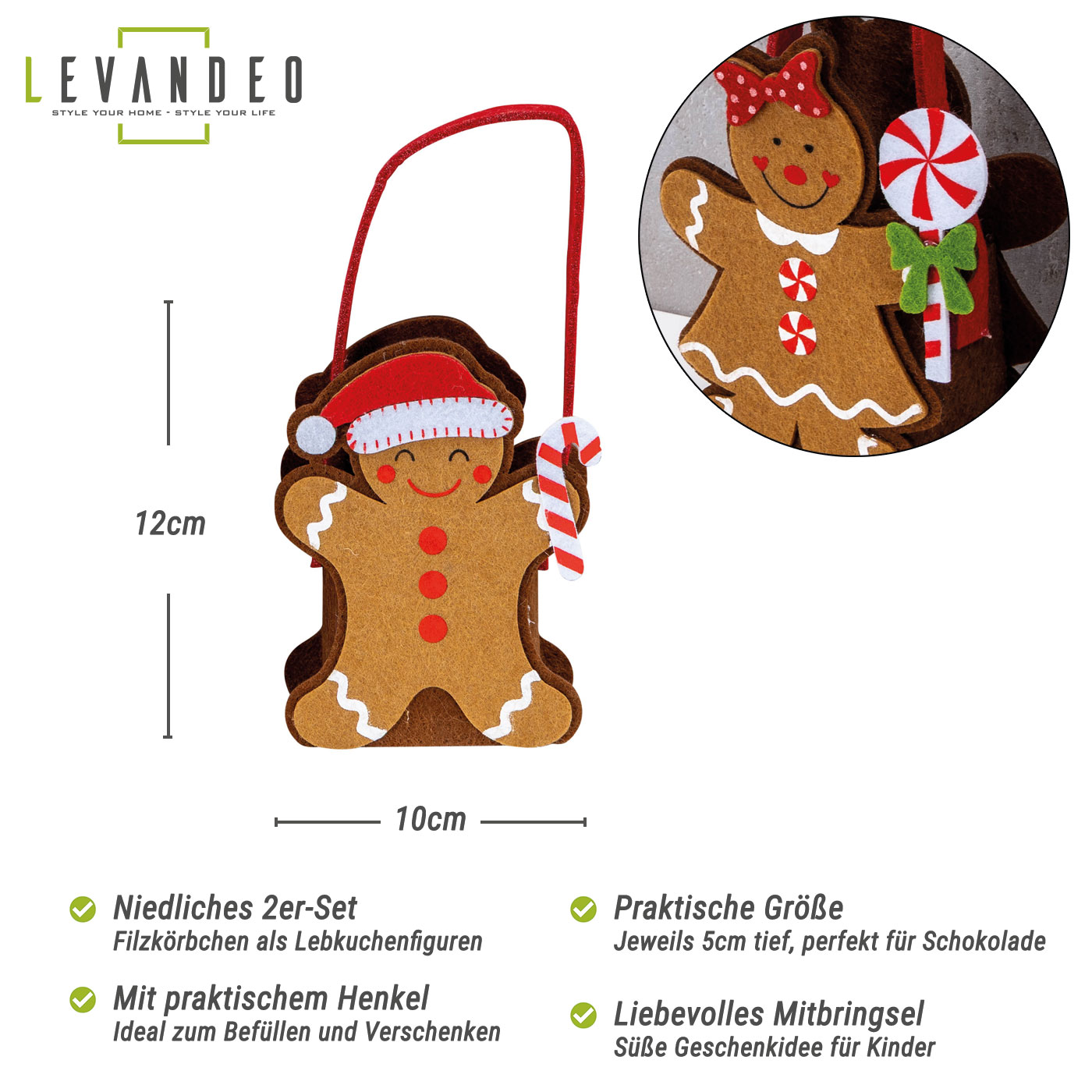 2er Set Weihnachtstasche Filz H12cm Geschenktüte Nikolaus Lebkuchen Weihnachten