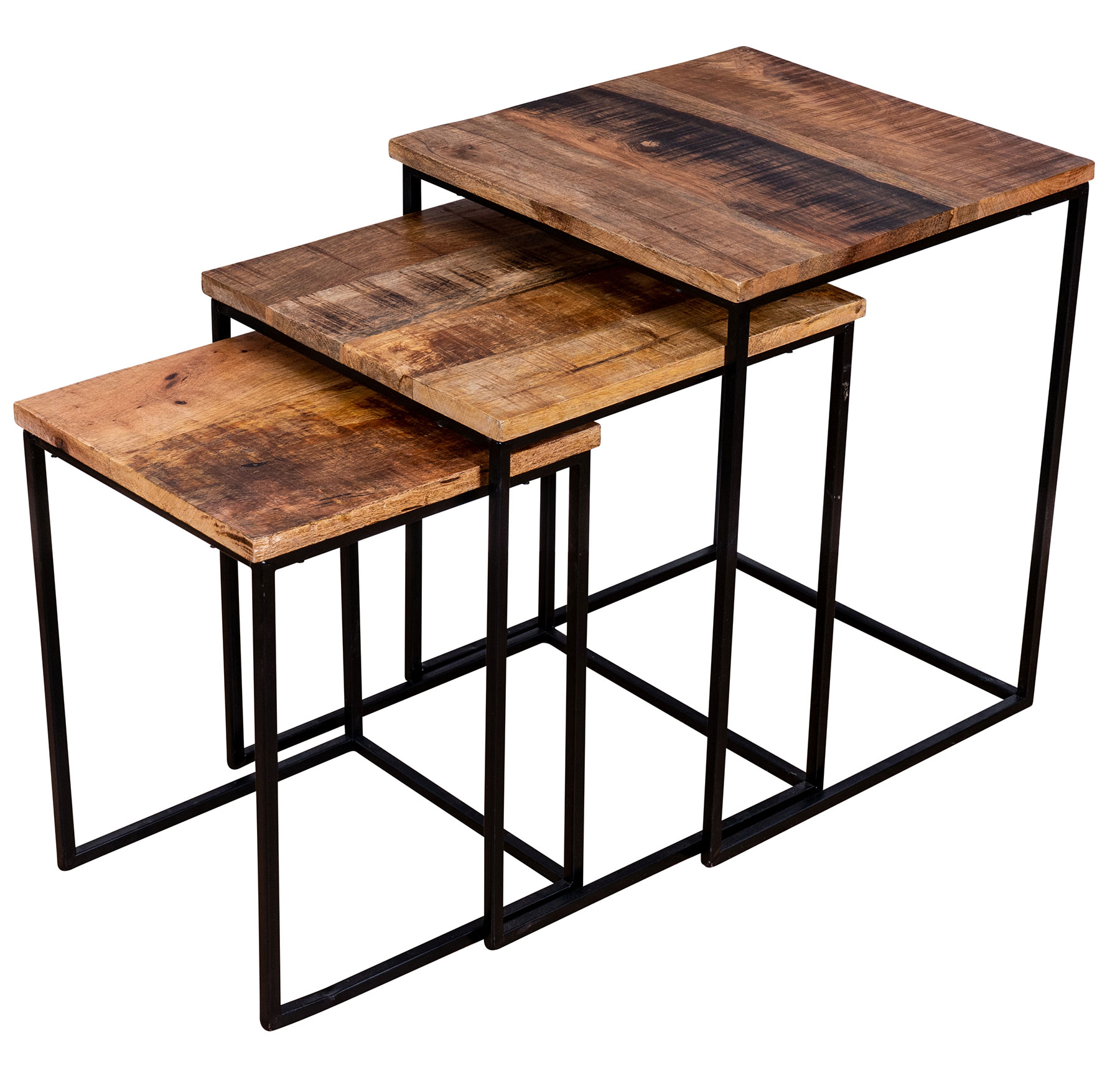 3er Set Beistelltisch Mango Natur Eisen Schwarz Design Holz Couchtisch Deko