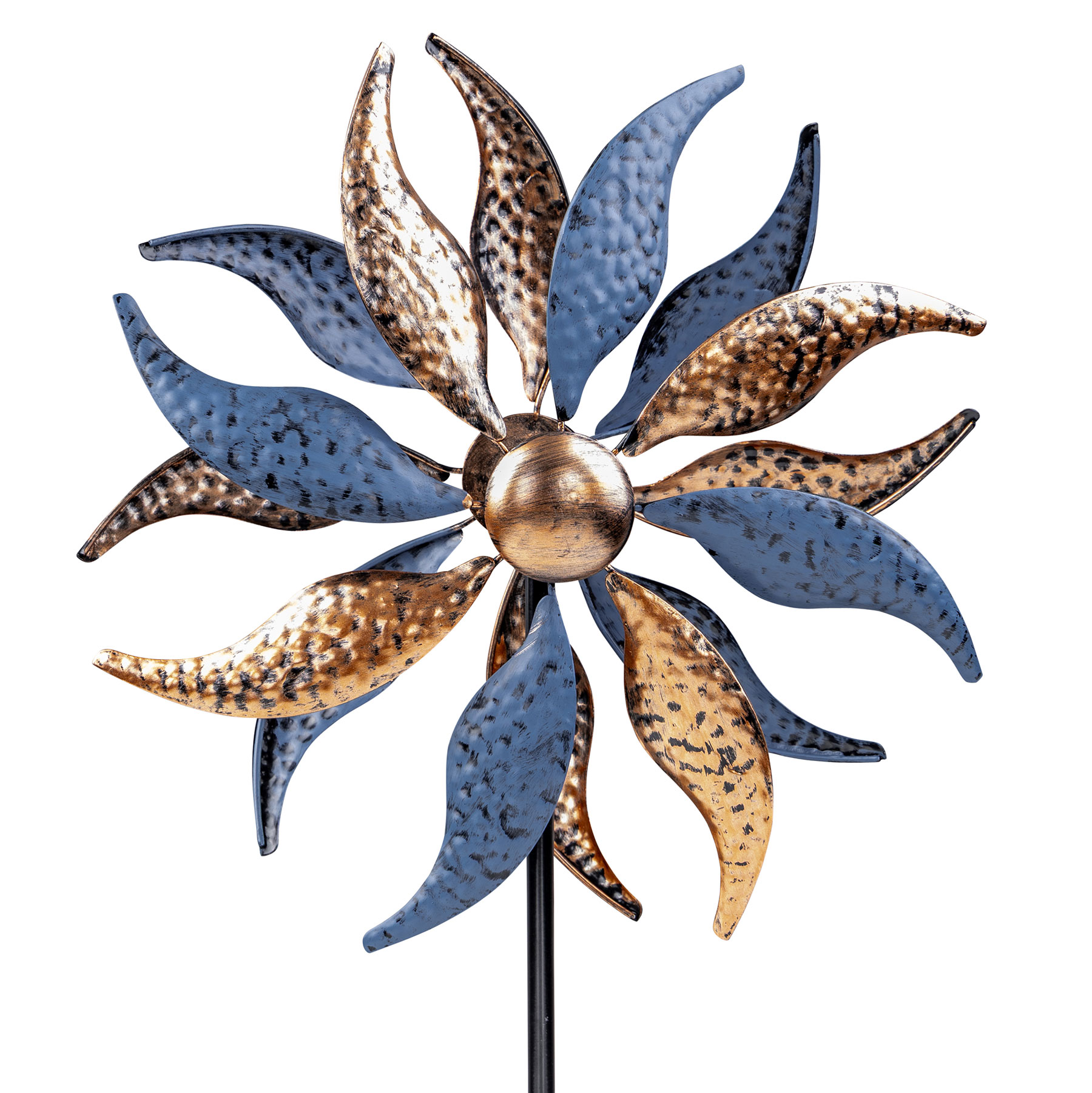 Gartenstecker Windrad H123cm Metall Gold Blau Windmühle Erdspieß Garten Deko