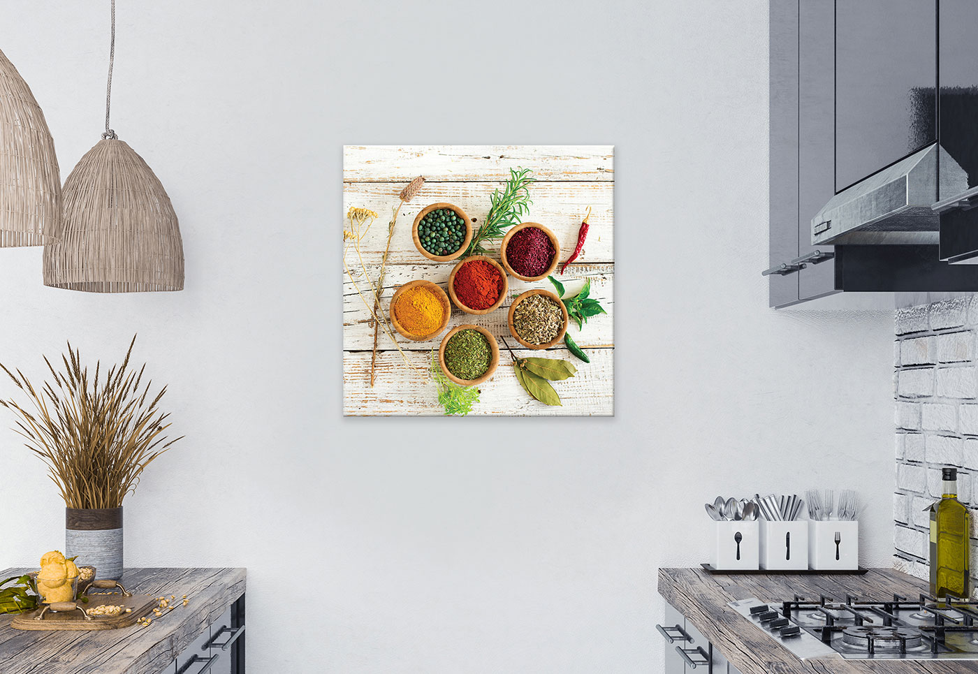 Wandbild 55x55cm Leinwand Küche Gewürze Bunt Bild Kunstdruck Wandobjekt Deko
